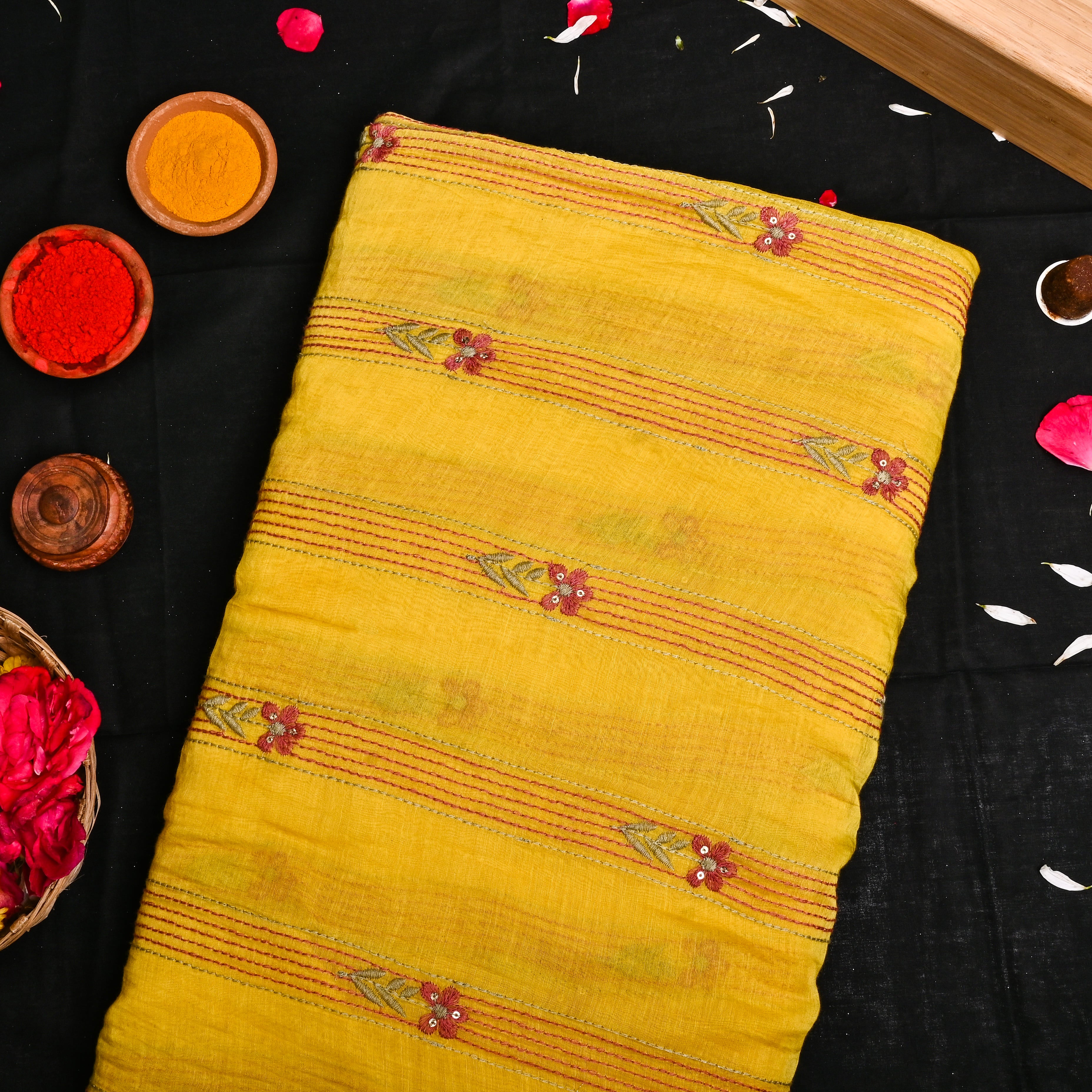 Mustard Yellow Chanderi Fabric With Thread Embroidery