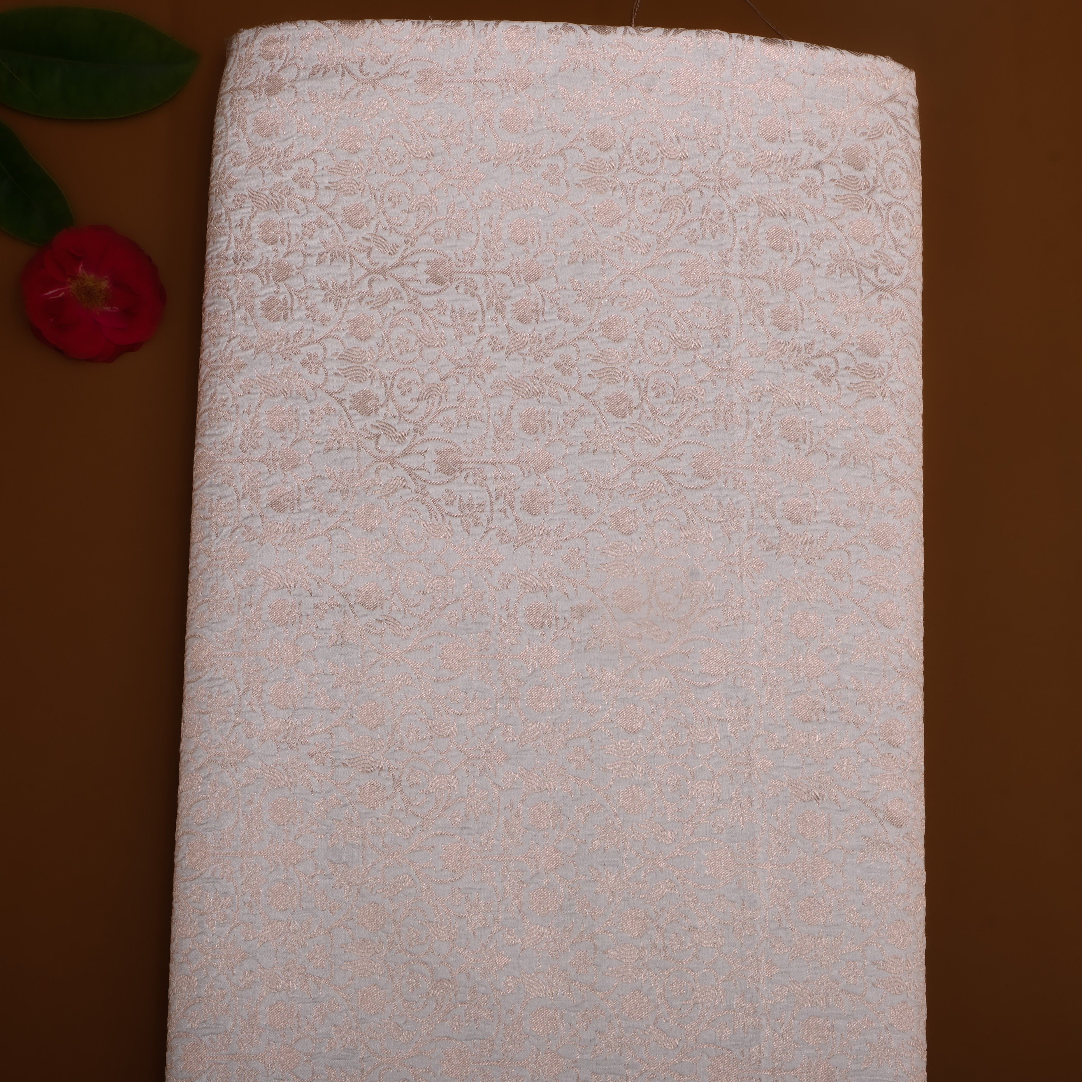 Off-White Floral Golden Zari Silk Fabric