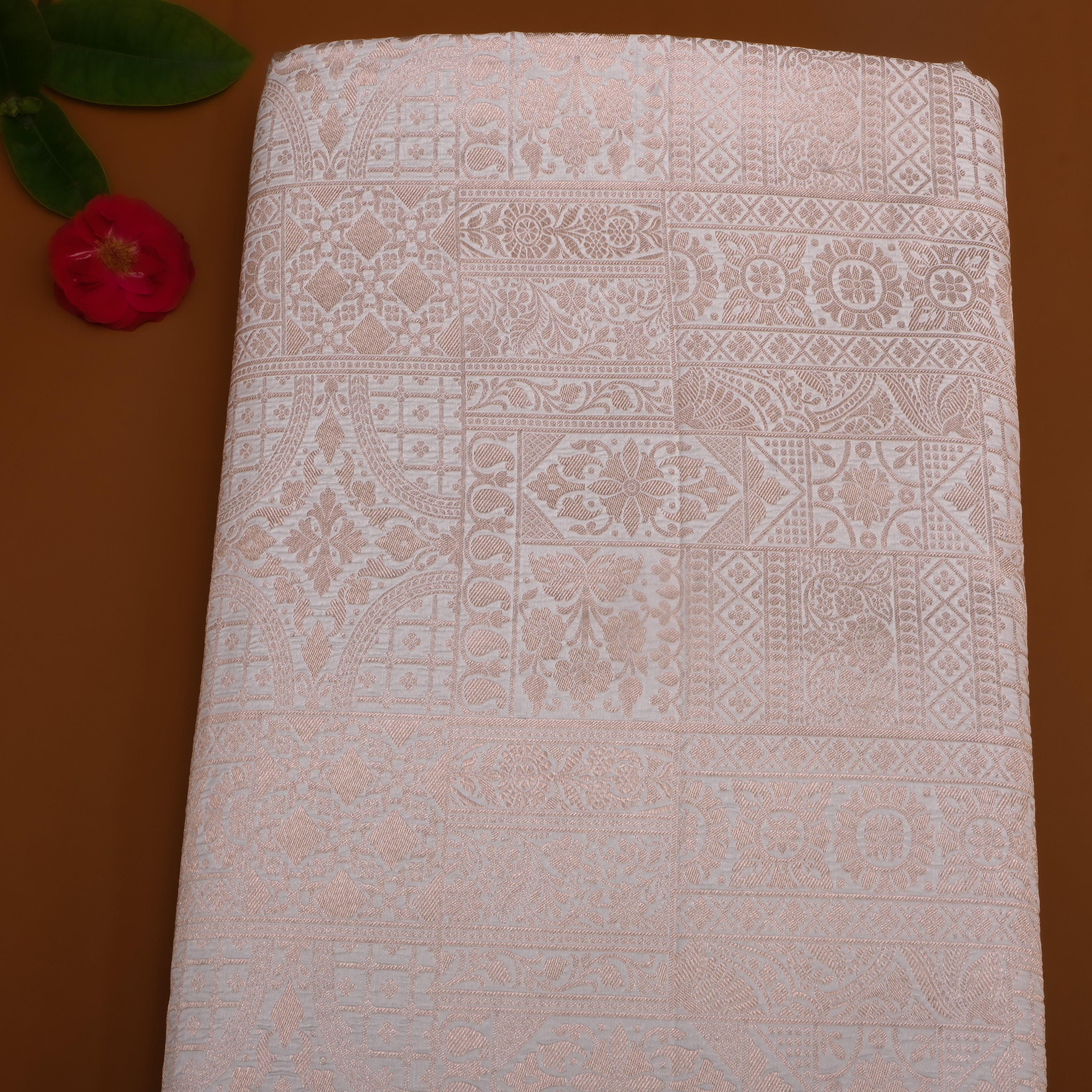 Off-White Golden Zari Floral Silk Fabric