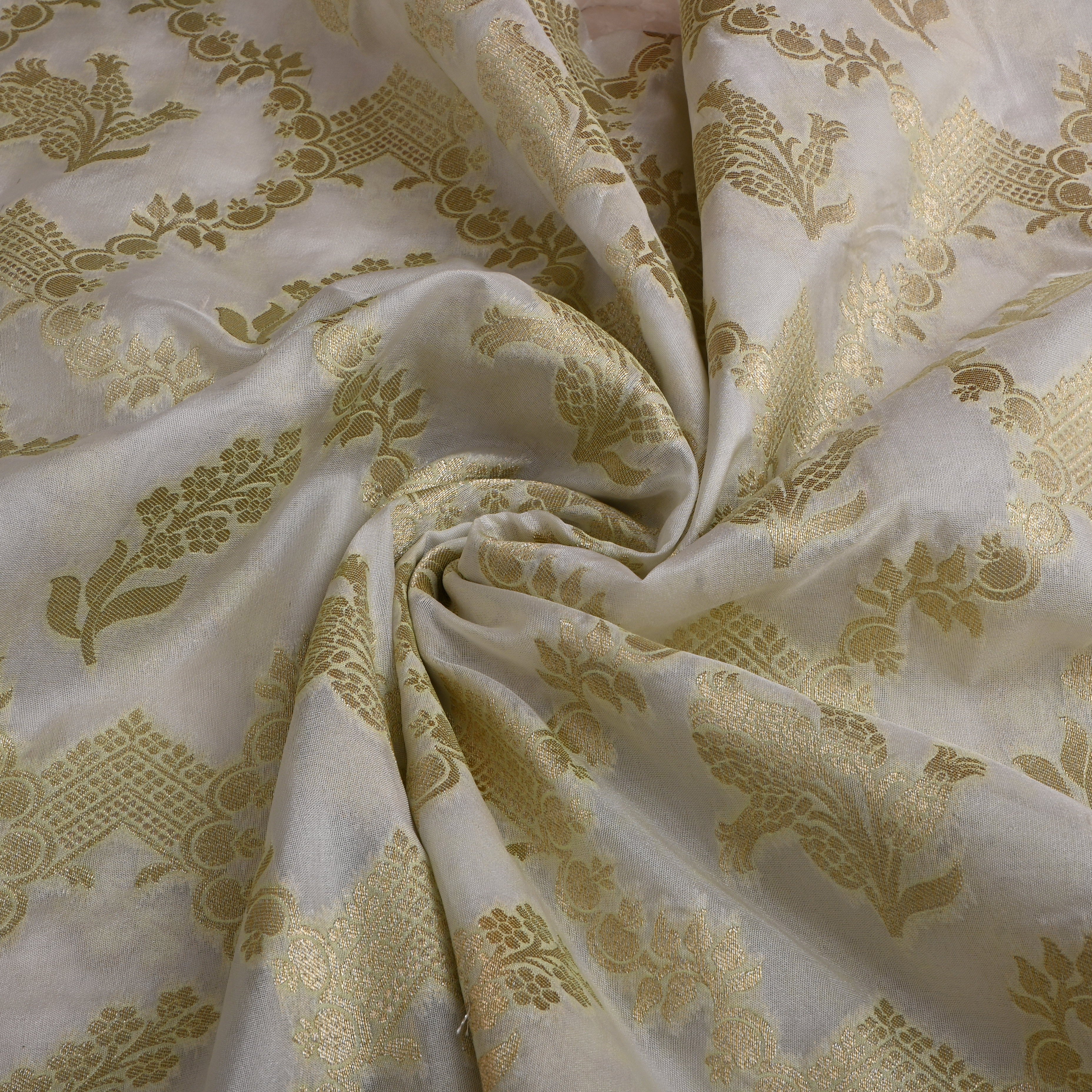 White Golden Zari Floral Silk Fabric