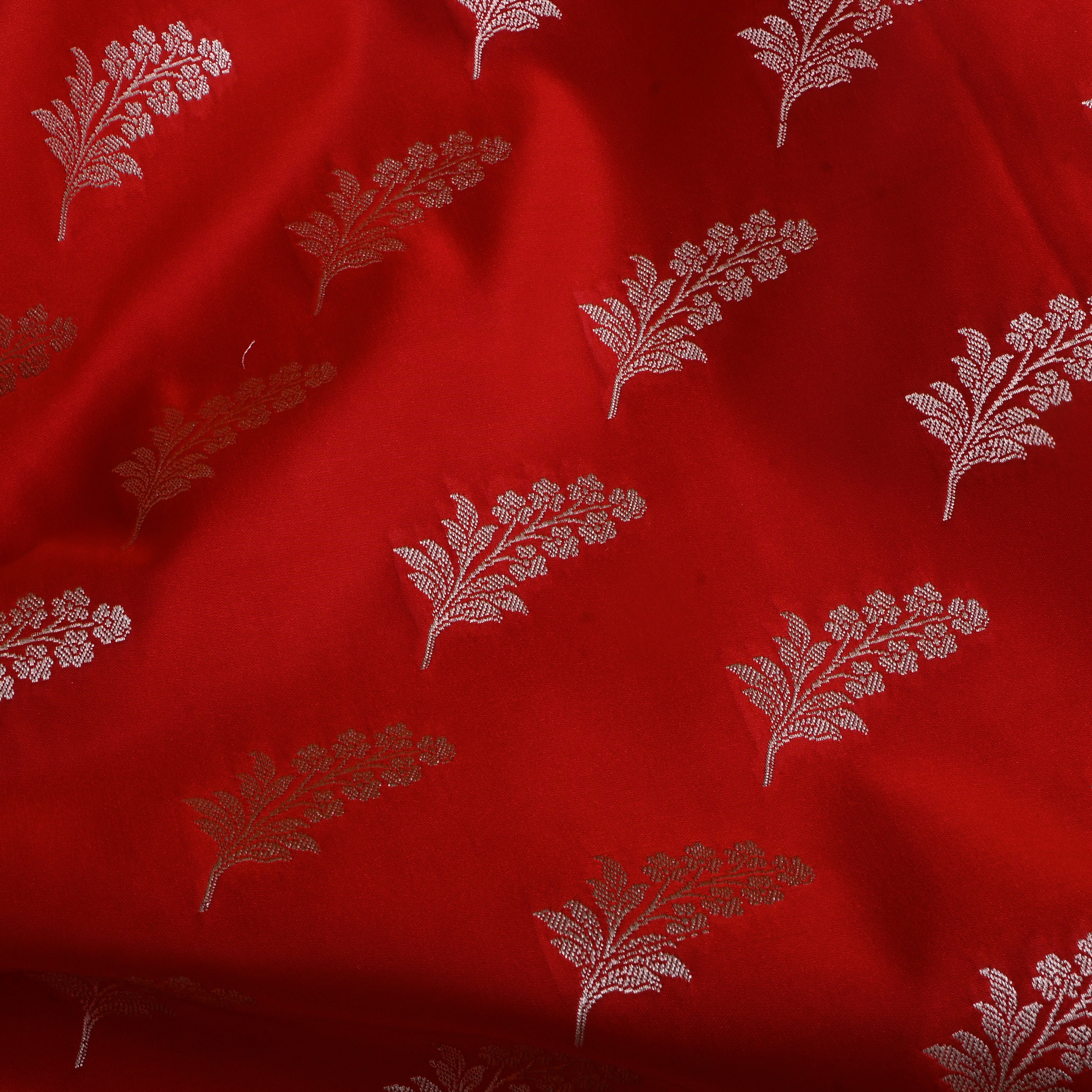 Bright Red Floral Zari Silk Fabric