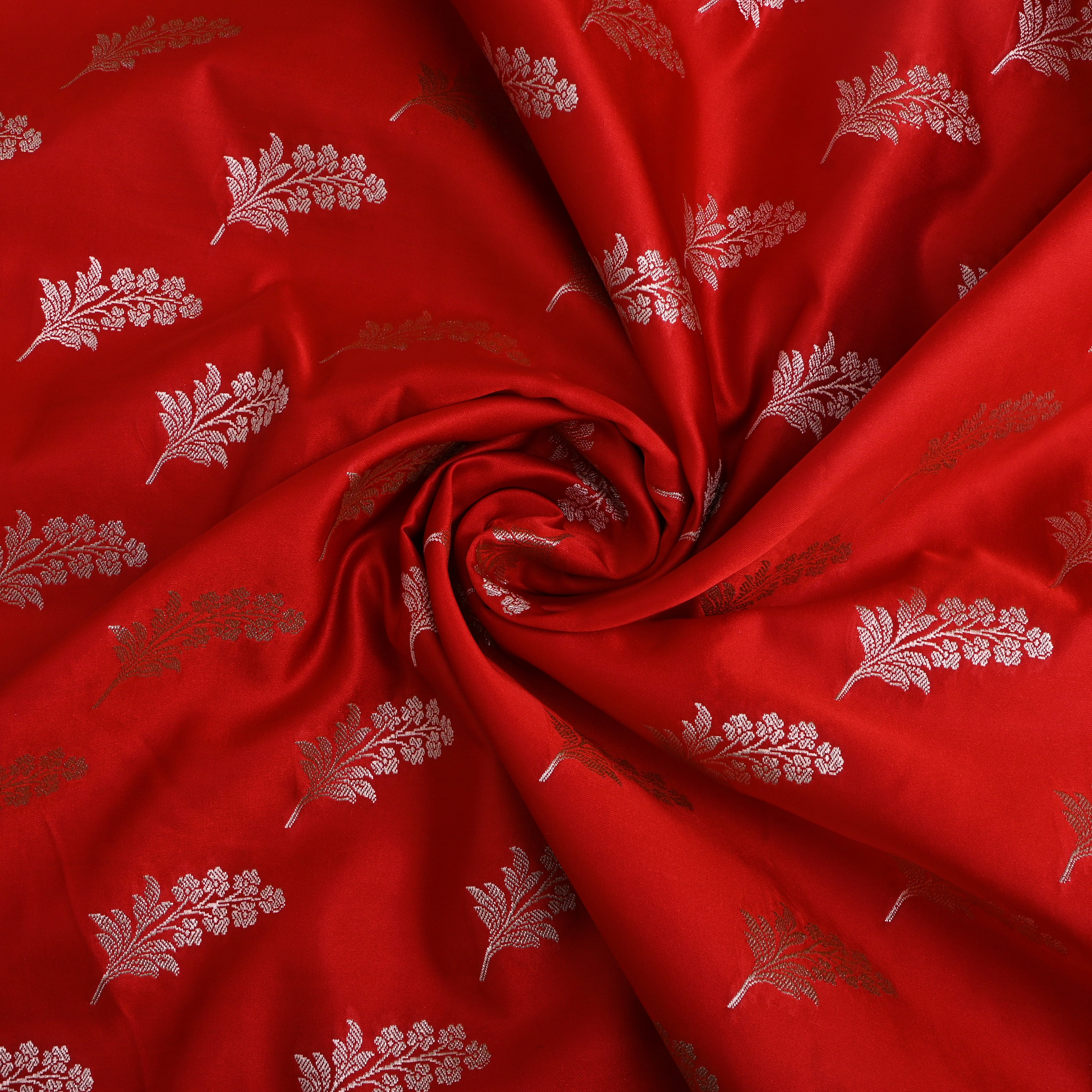 Bright Red Floral Zari Silk Fabric