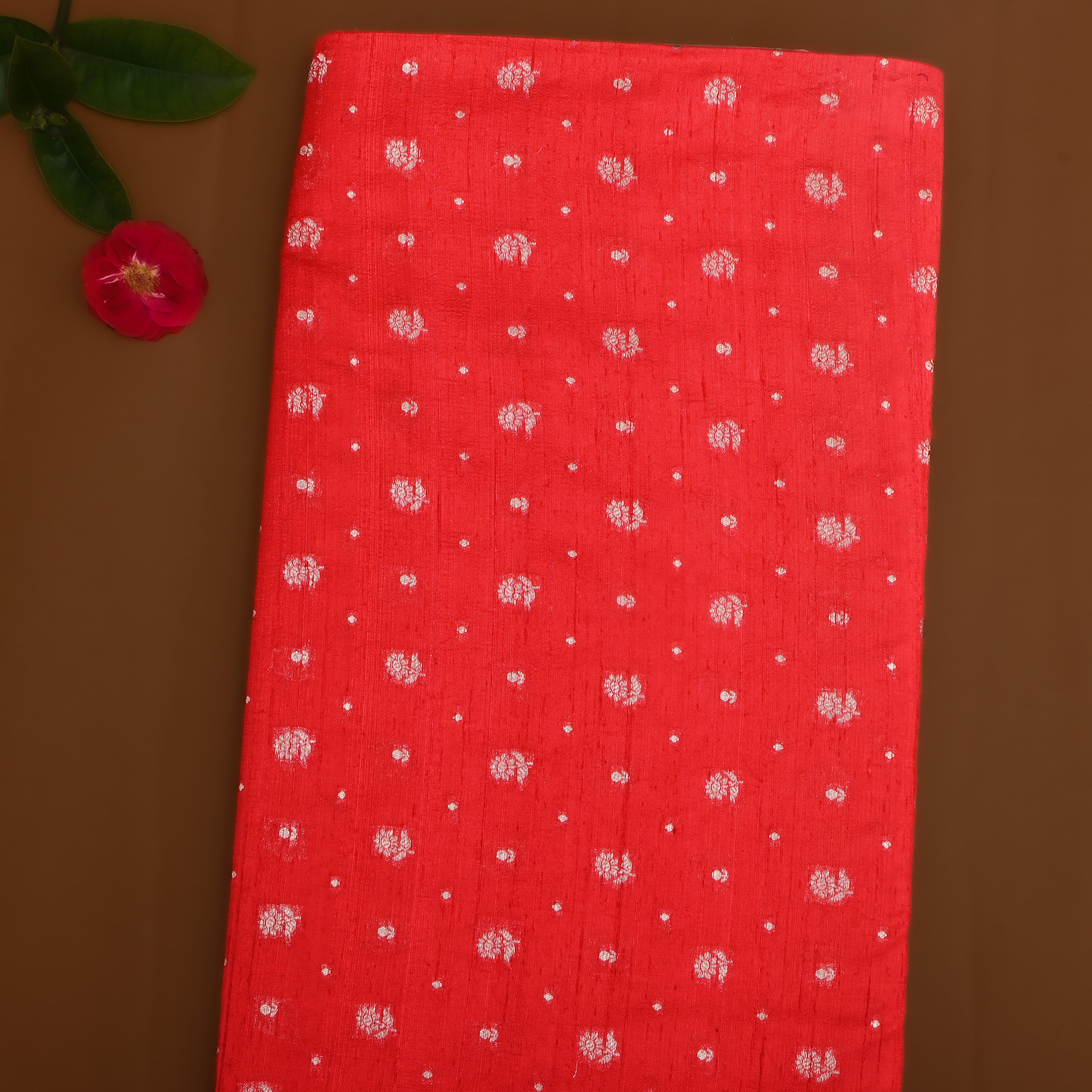 Bright Red Floral Zari Dupion Silk Fabric