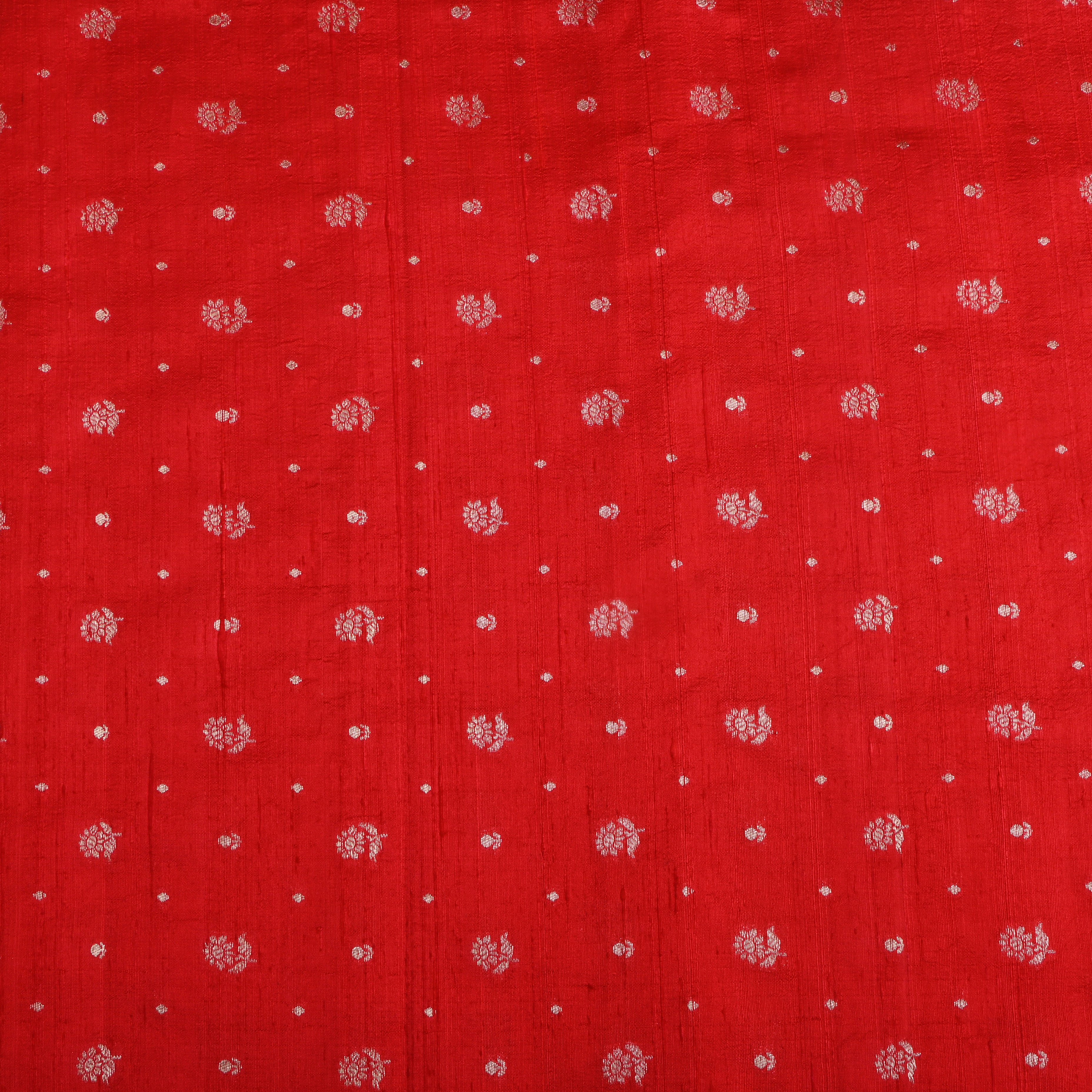 Bright Red Floral Zari Dupion Silk Fabric