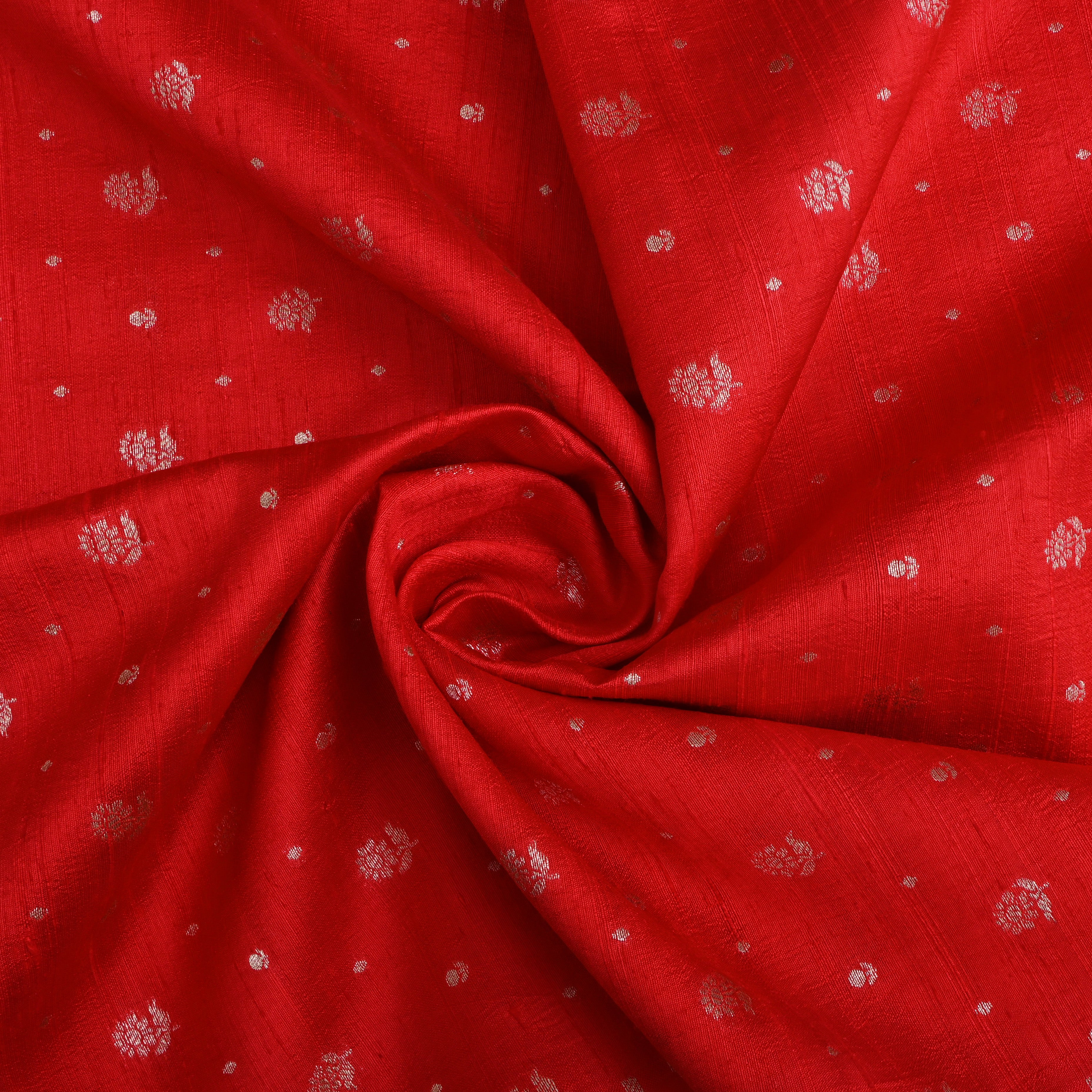 Bright Red Floral Zari Dupion Silk Fabric
