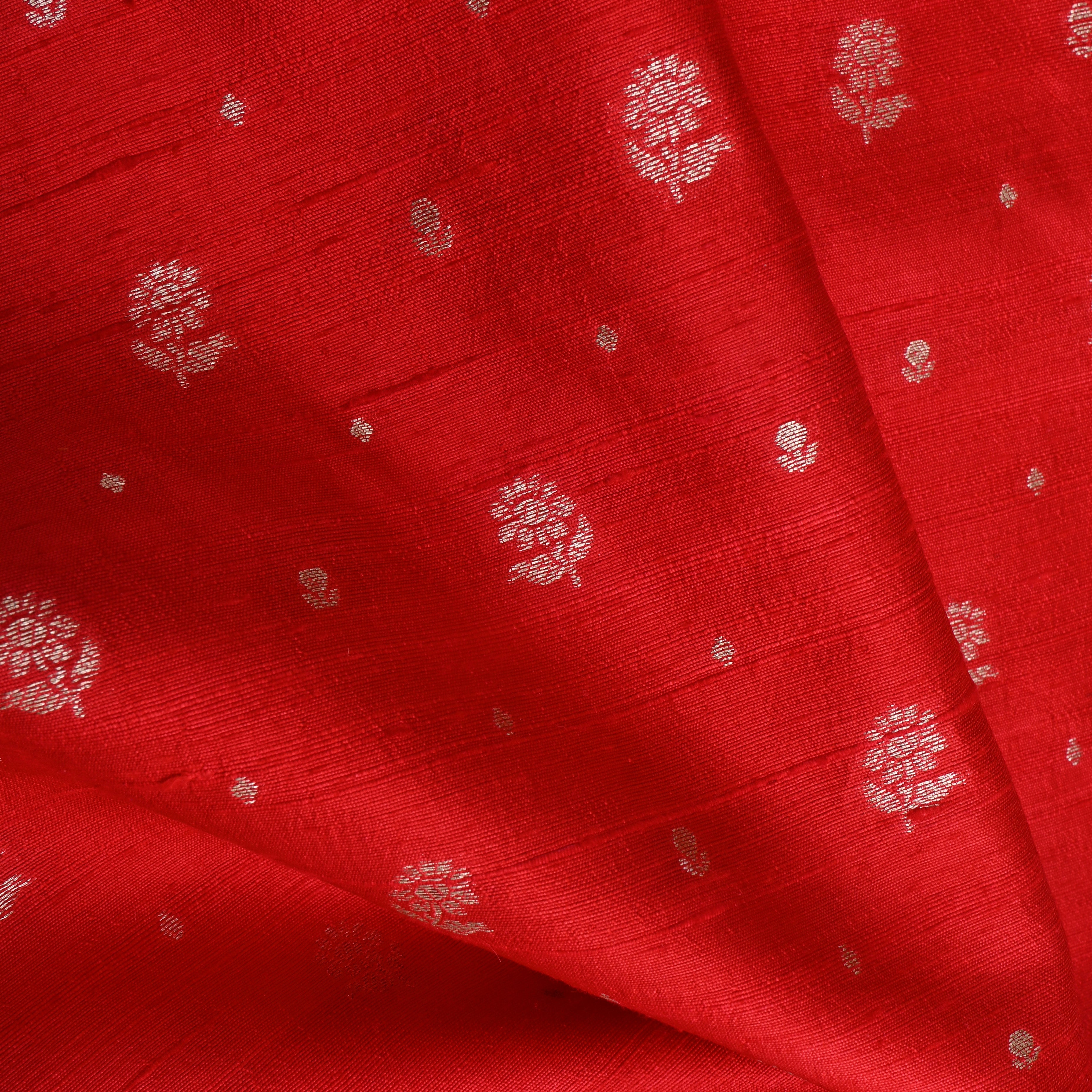 Bright Red Floral Zari Dupion Silk Fabric