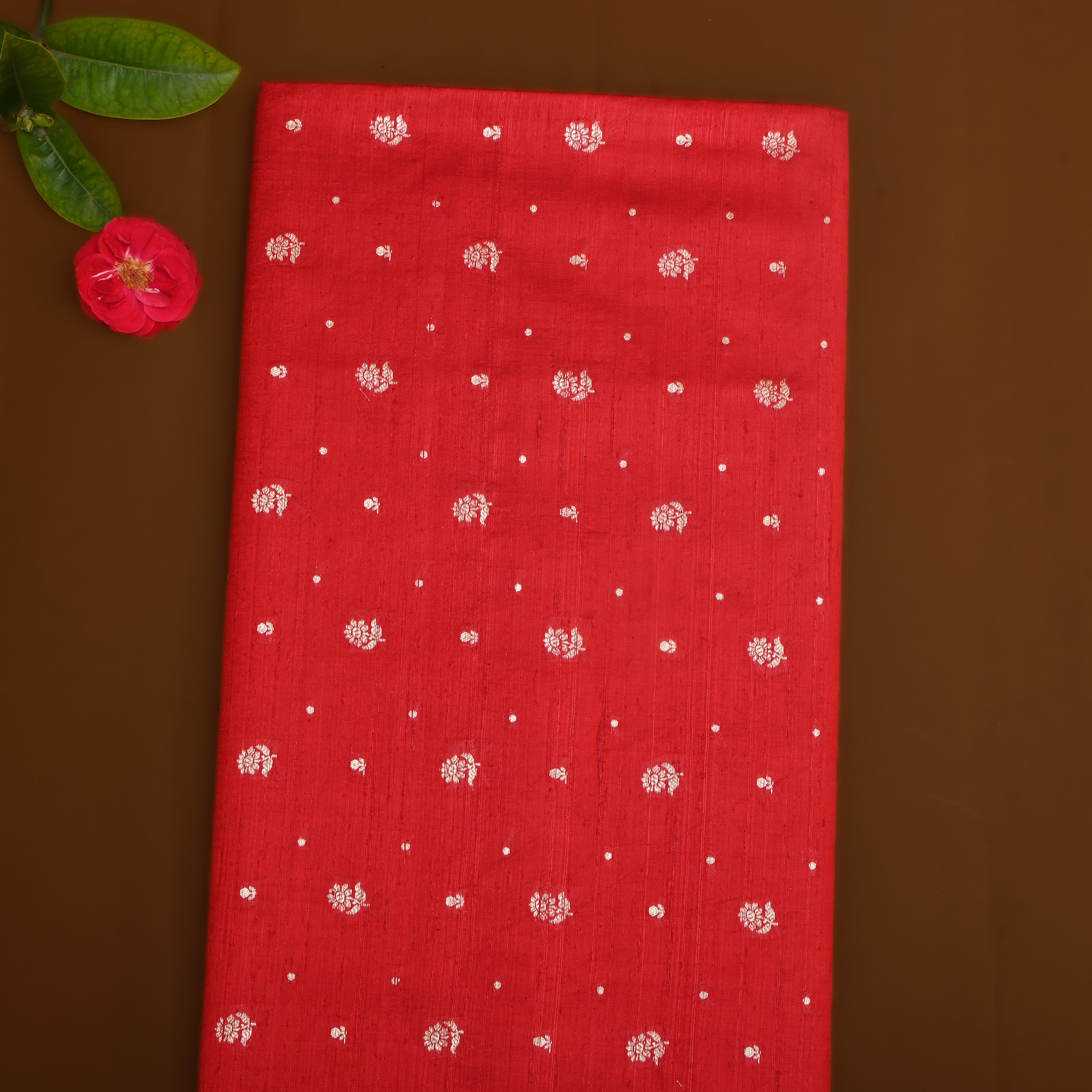 Candy Red Floral Zari Dupion Silk Fabric