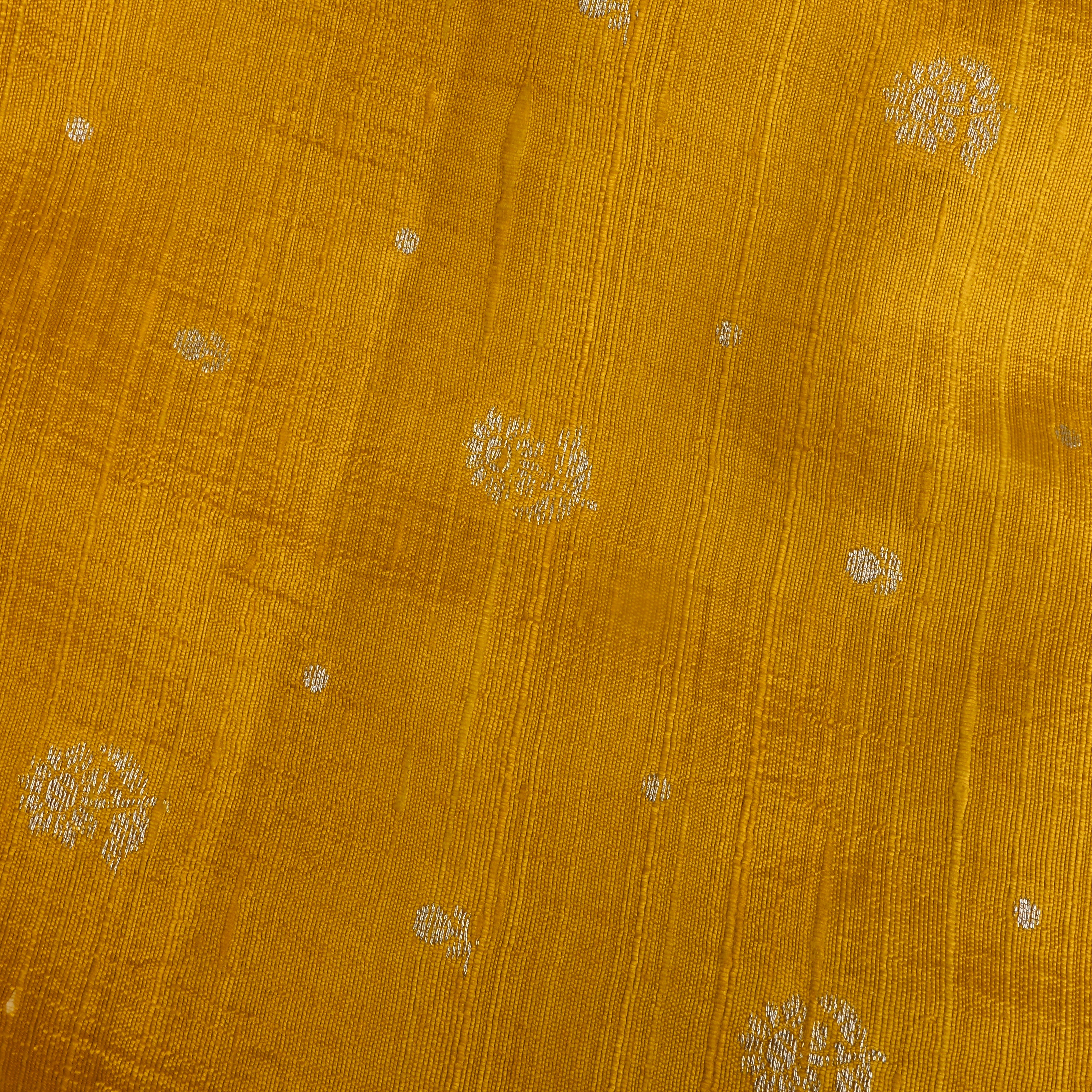 Bright Yellow Floral Zari Dupion Silk Fabric