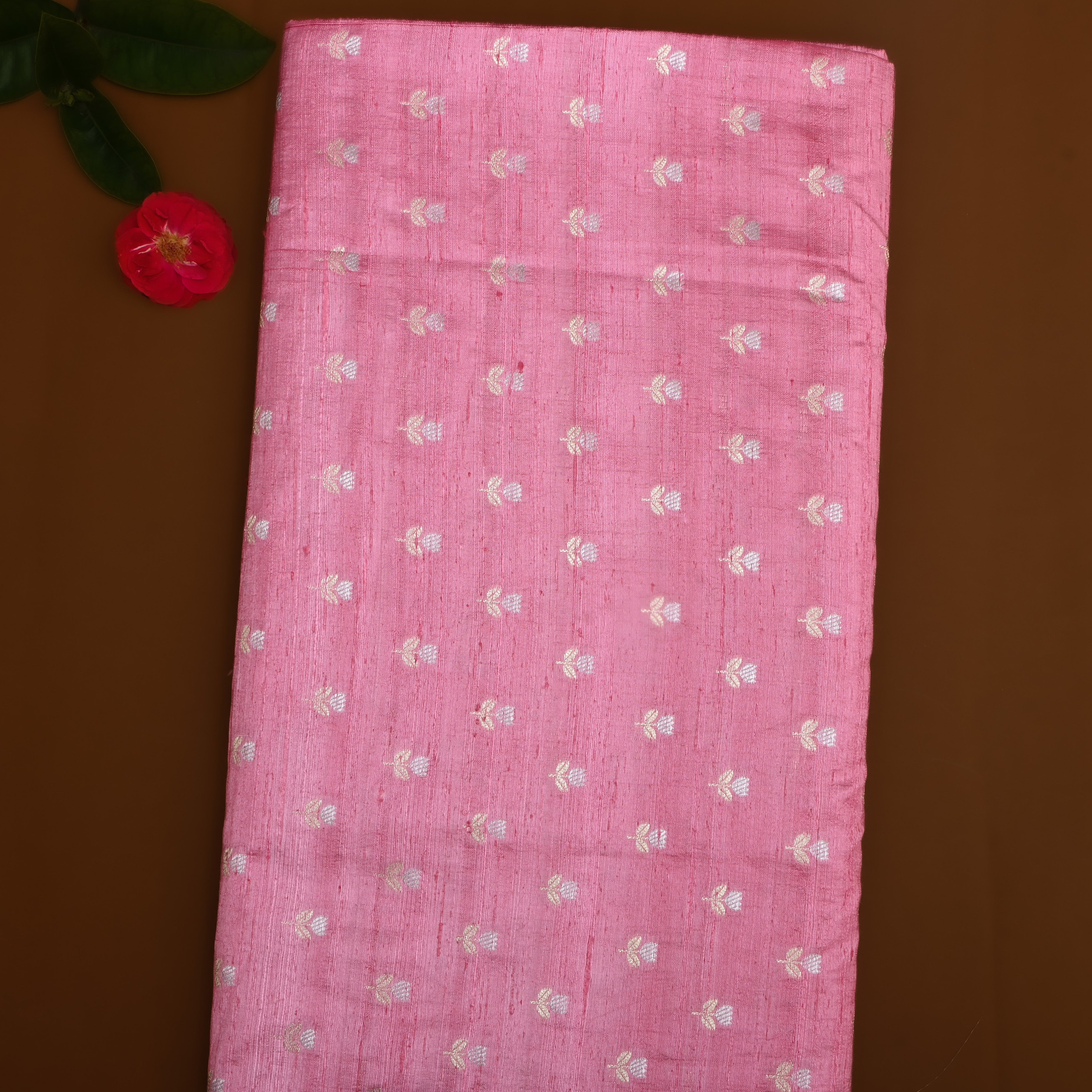 Flamingo Pink Floral Zari Dupion Silk Fabric