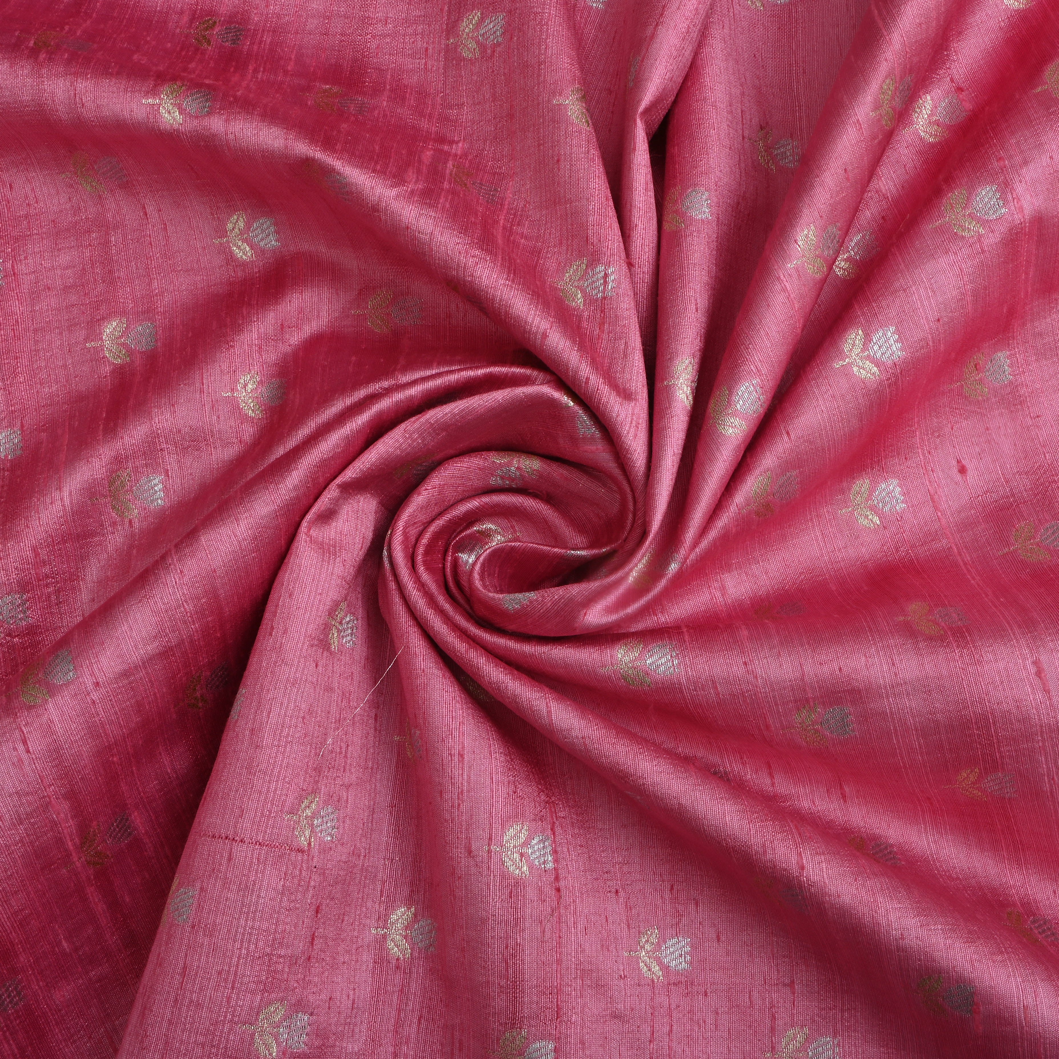 Flamingo Pink Floral Zari Dupion Silk Fabric
