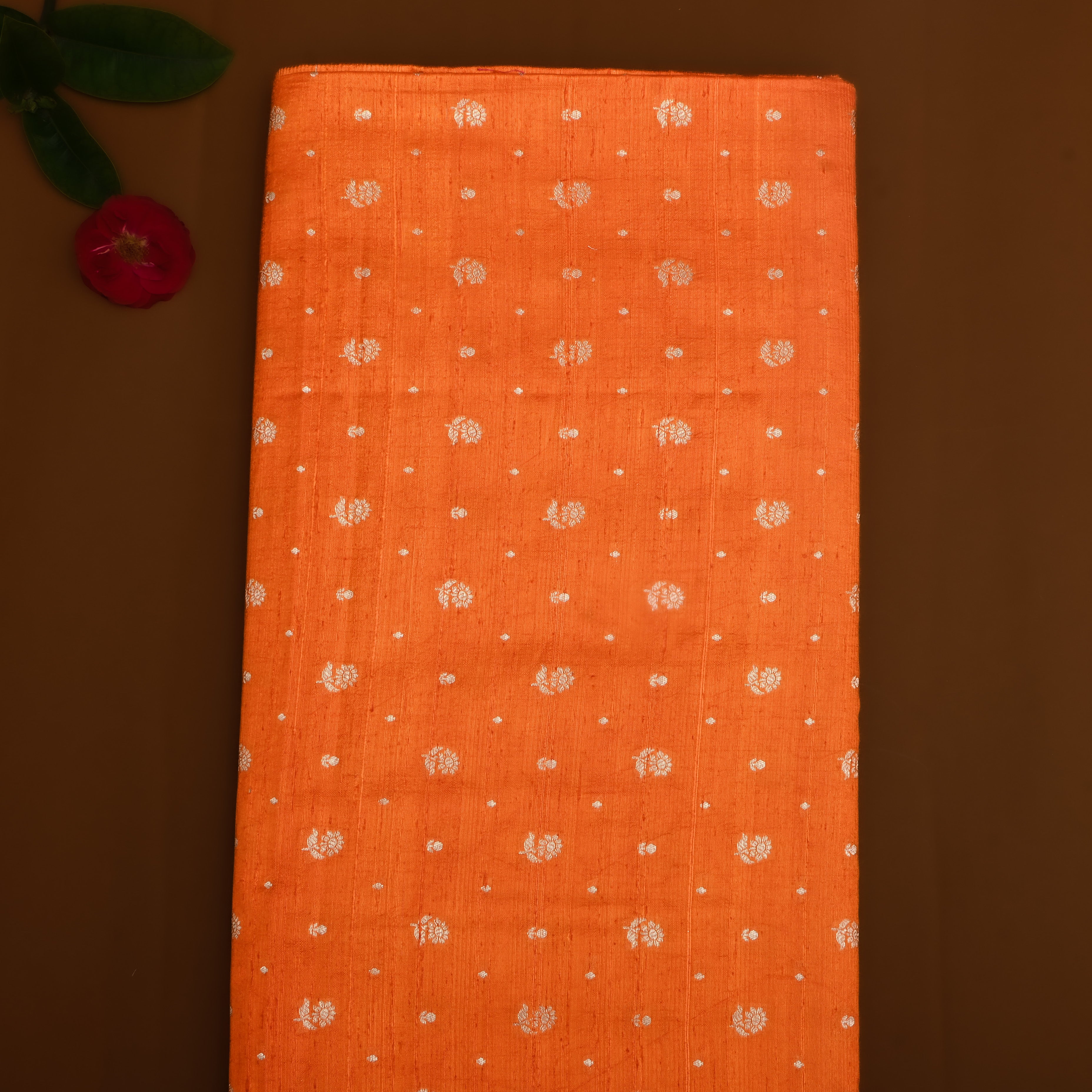 Bright Orange Floral Zari Dupion Silk Fabric