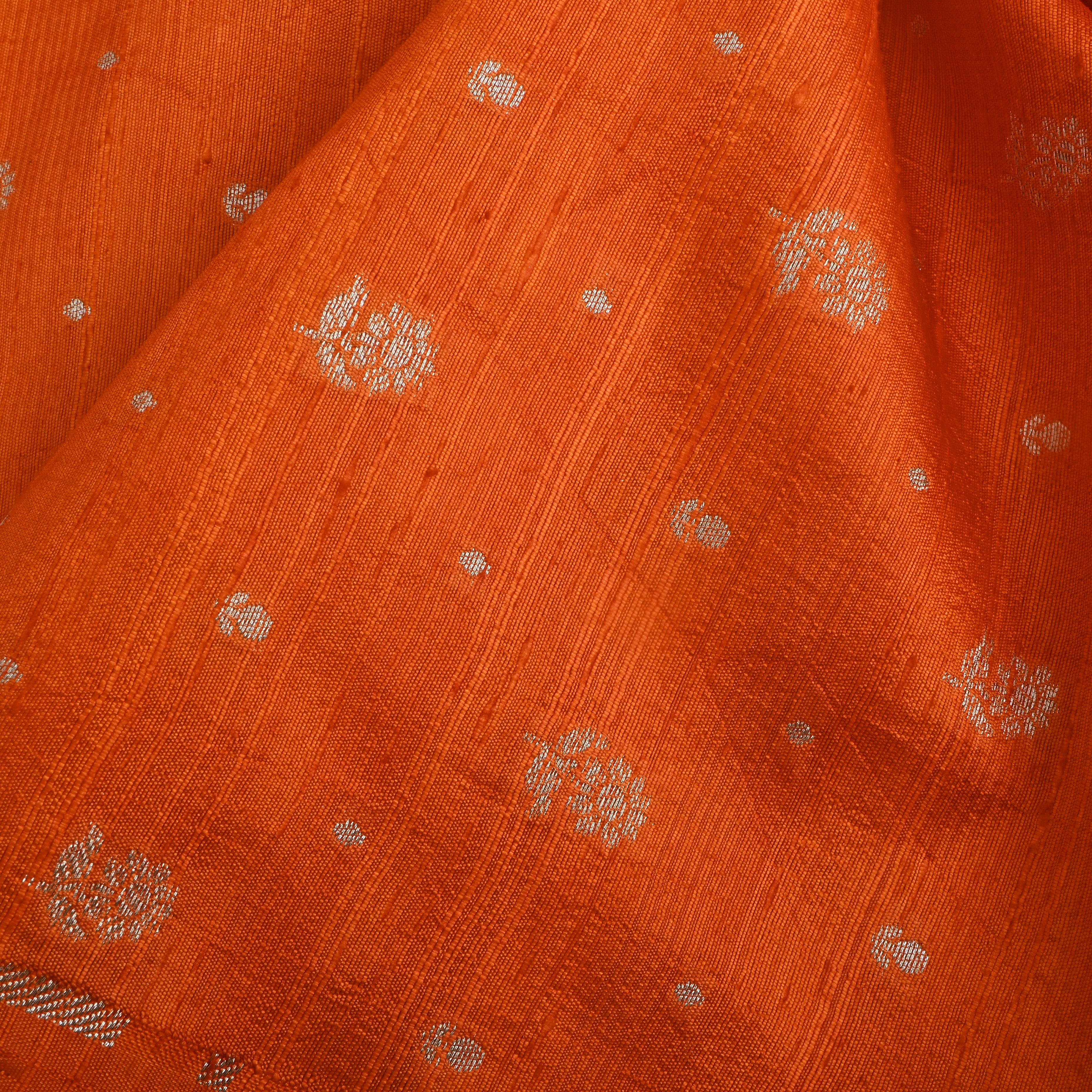 Bright Orange Floral Zari Dupion Silk Fabric