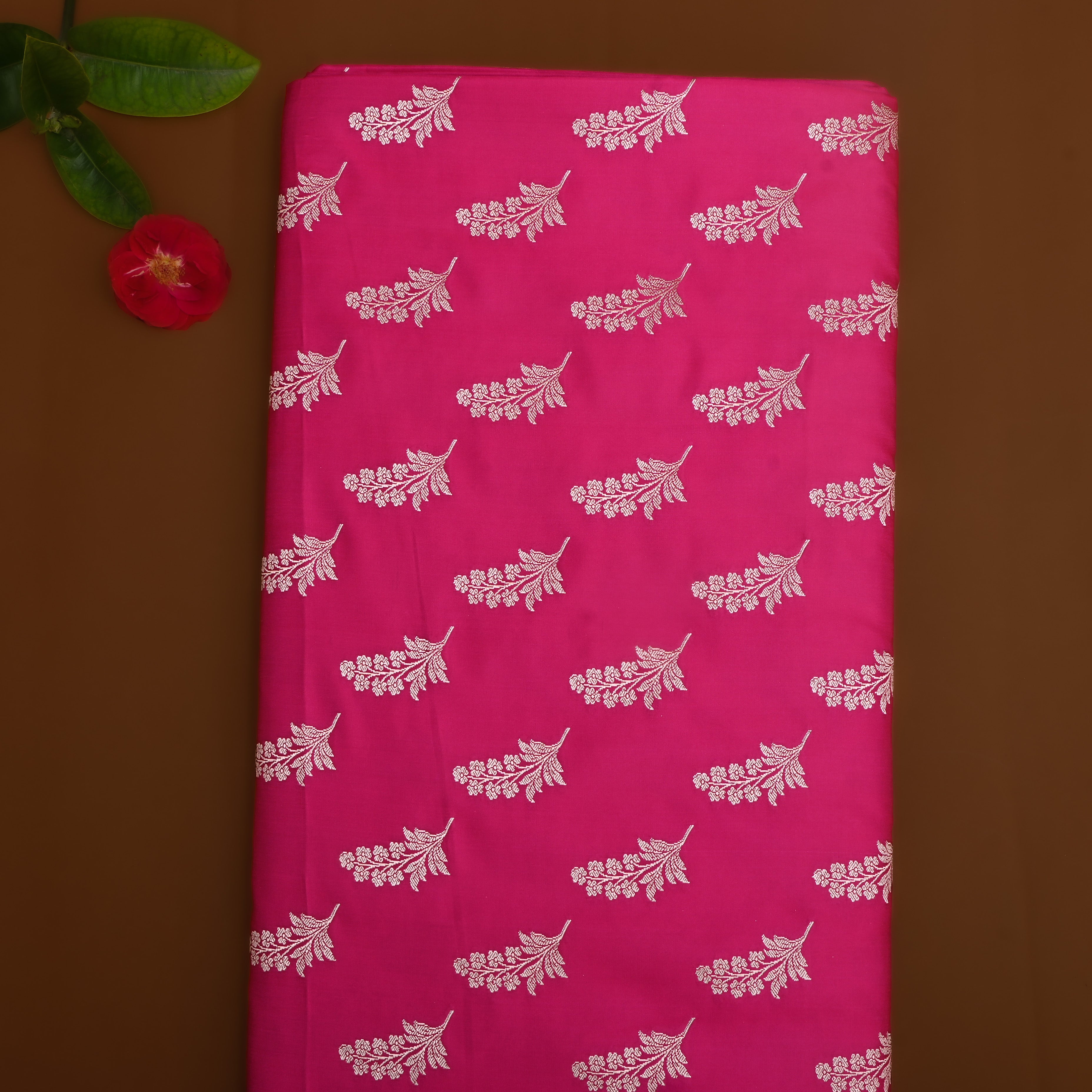 Bright Pink Floral Zari Satin Fabric