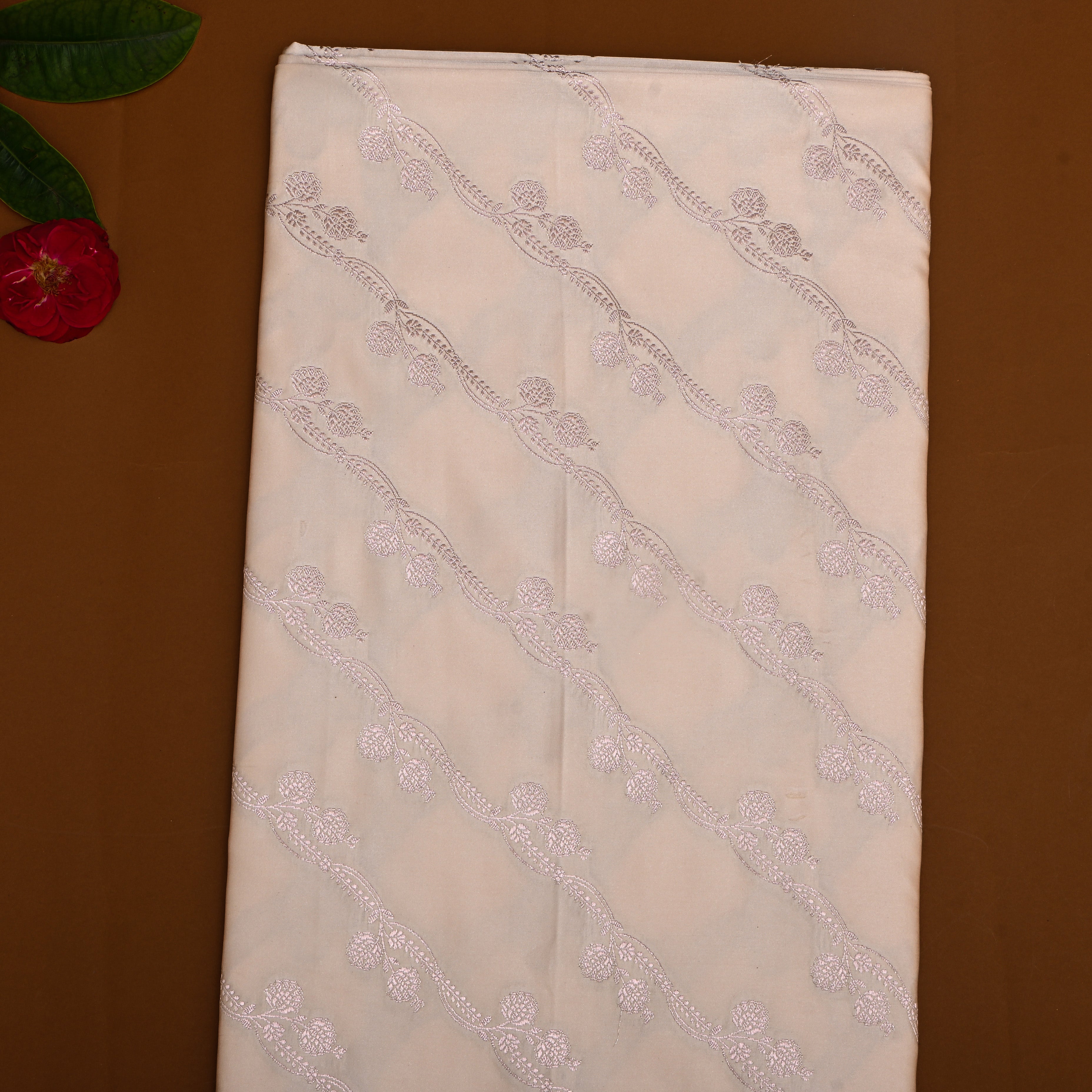 Off-White Floral Bel Zari Satin Fabric