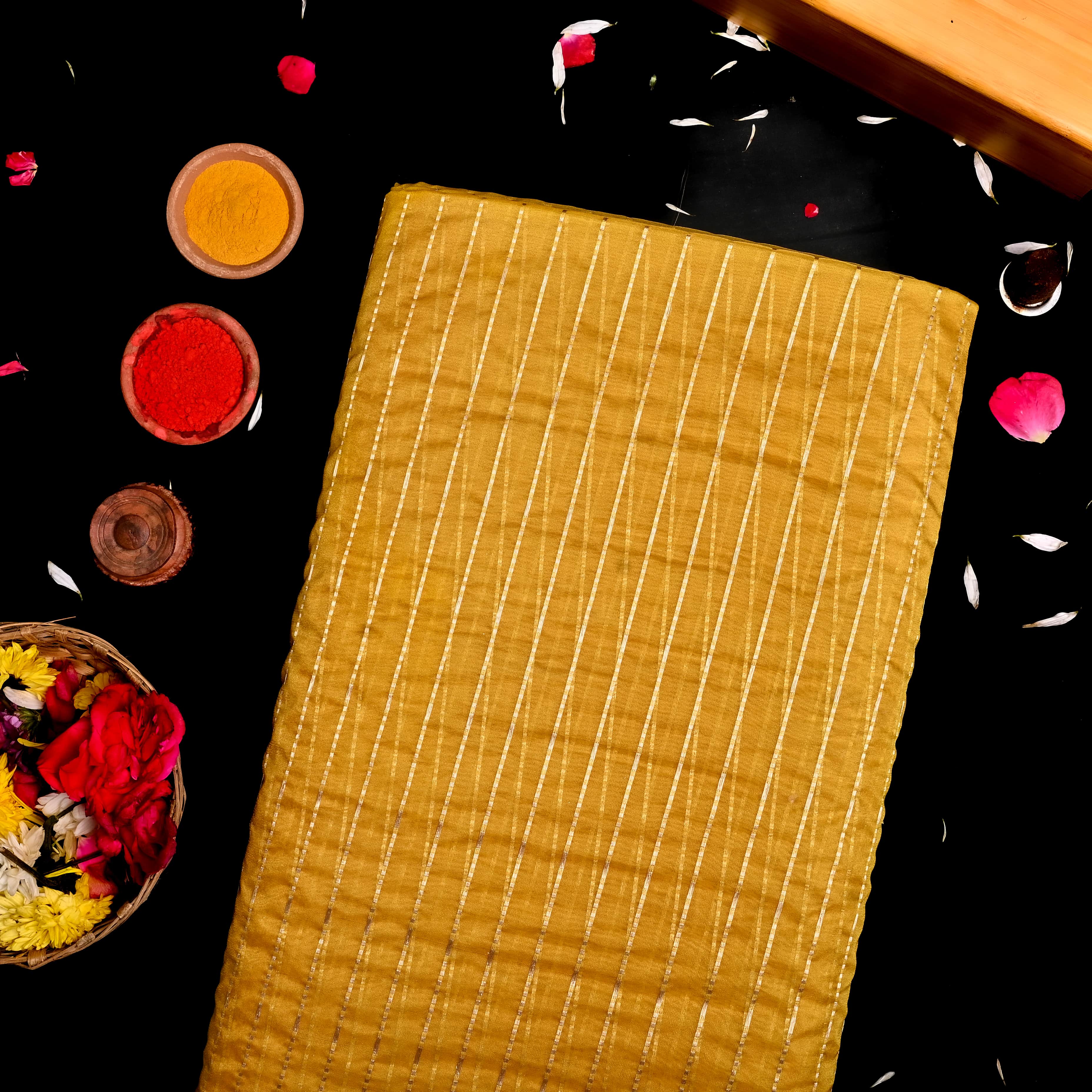 Golden Yellow Organza Fabric With Strips