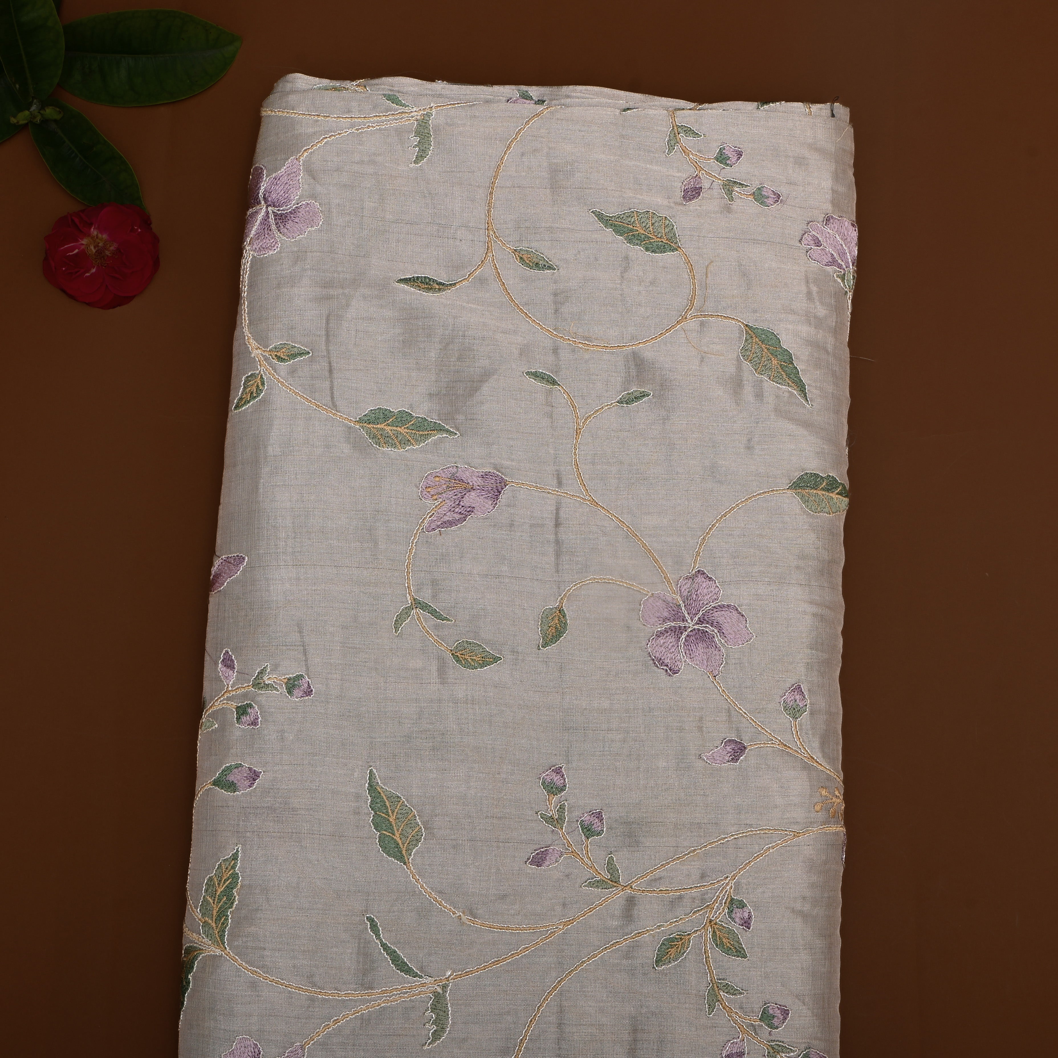Silver Thread Embroidered Floral Tissue Fabric
