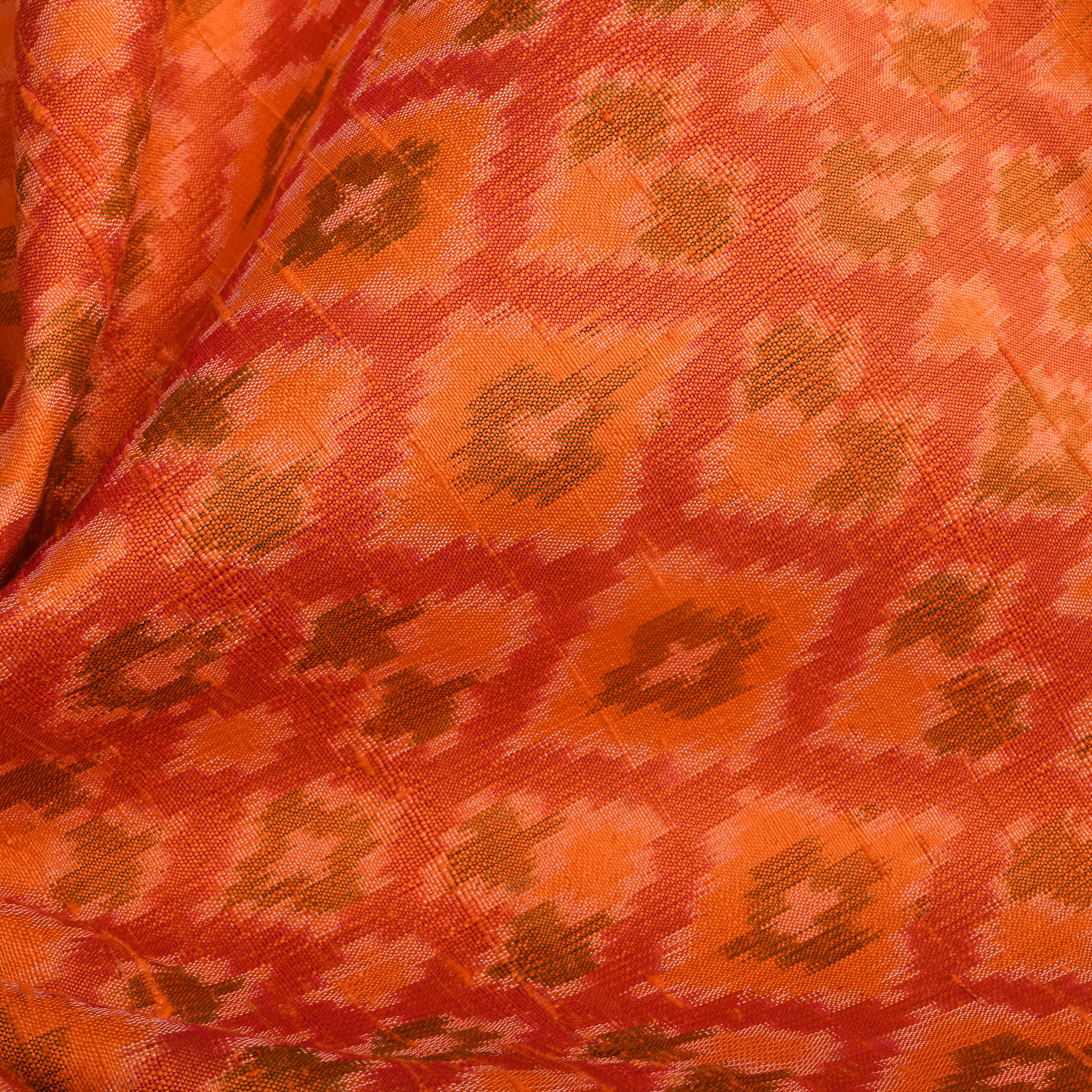 Bright Orange Ikat Dupion Silk Fabric