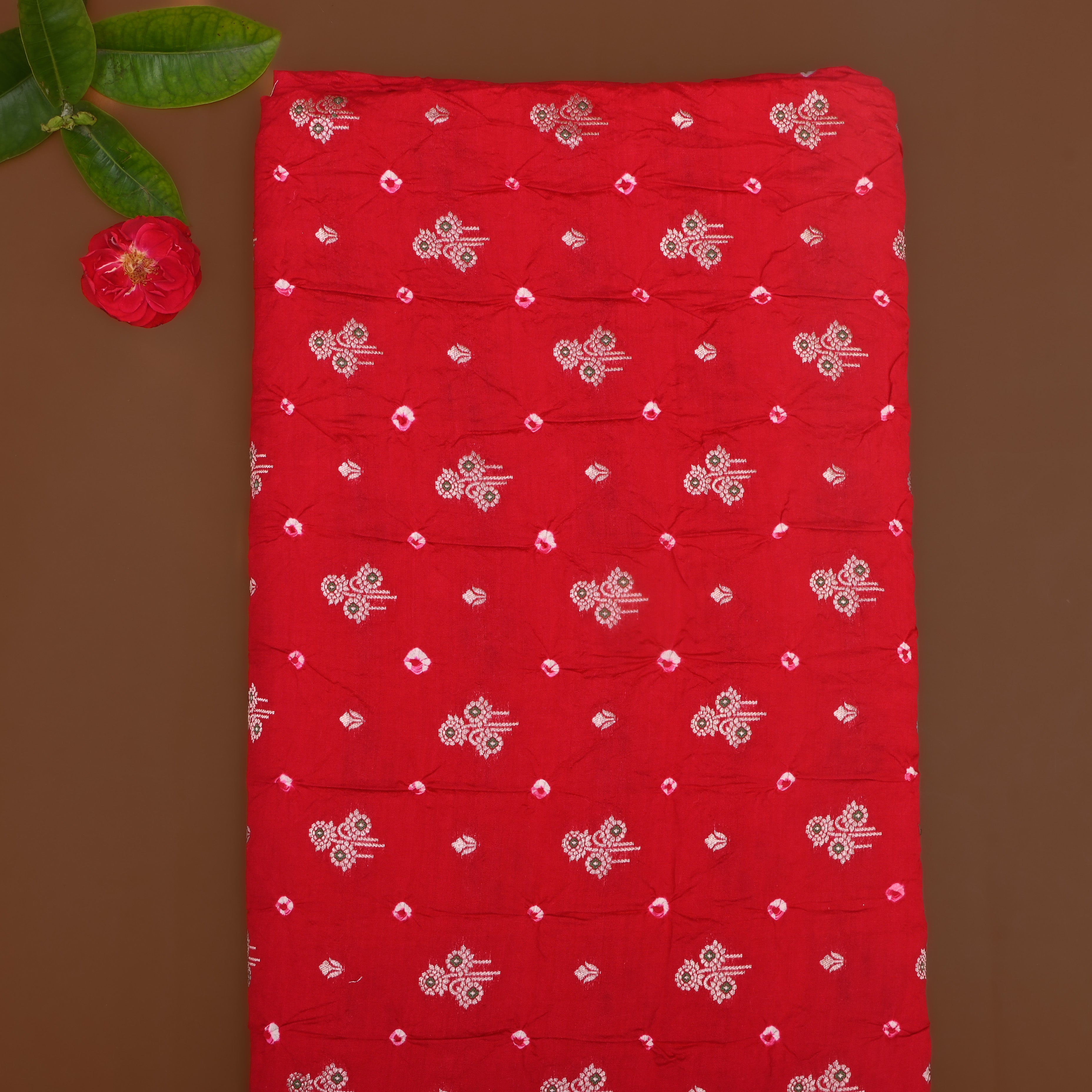 Bright Red Floral Bandhani Silk Fabric