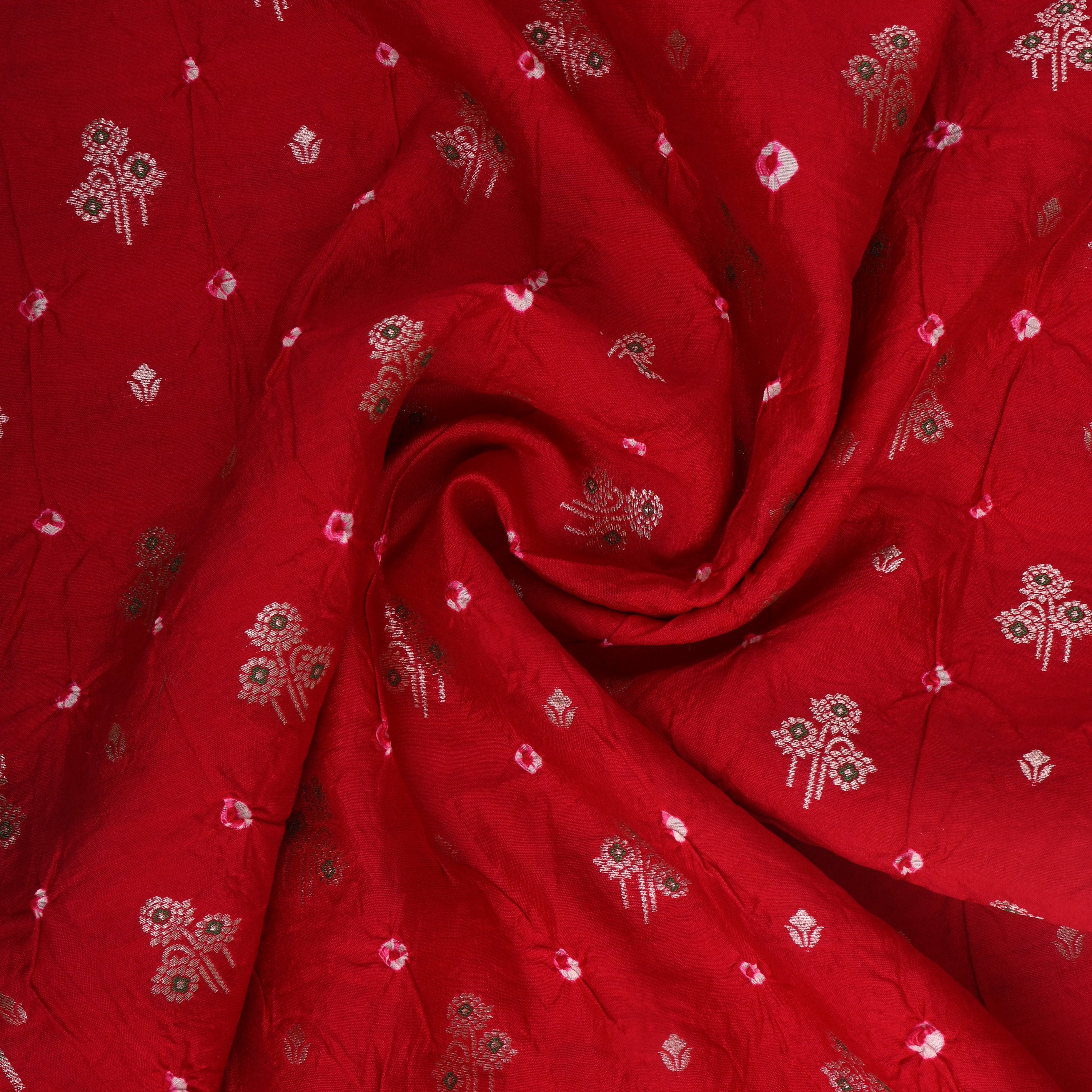 Bright Red Floral Bandhani Silk Fabric