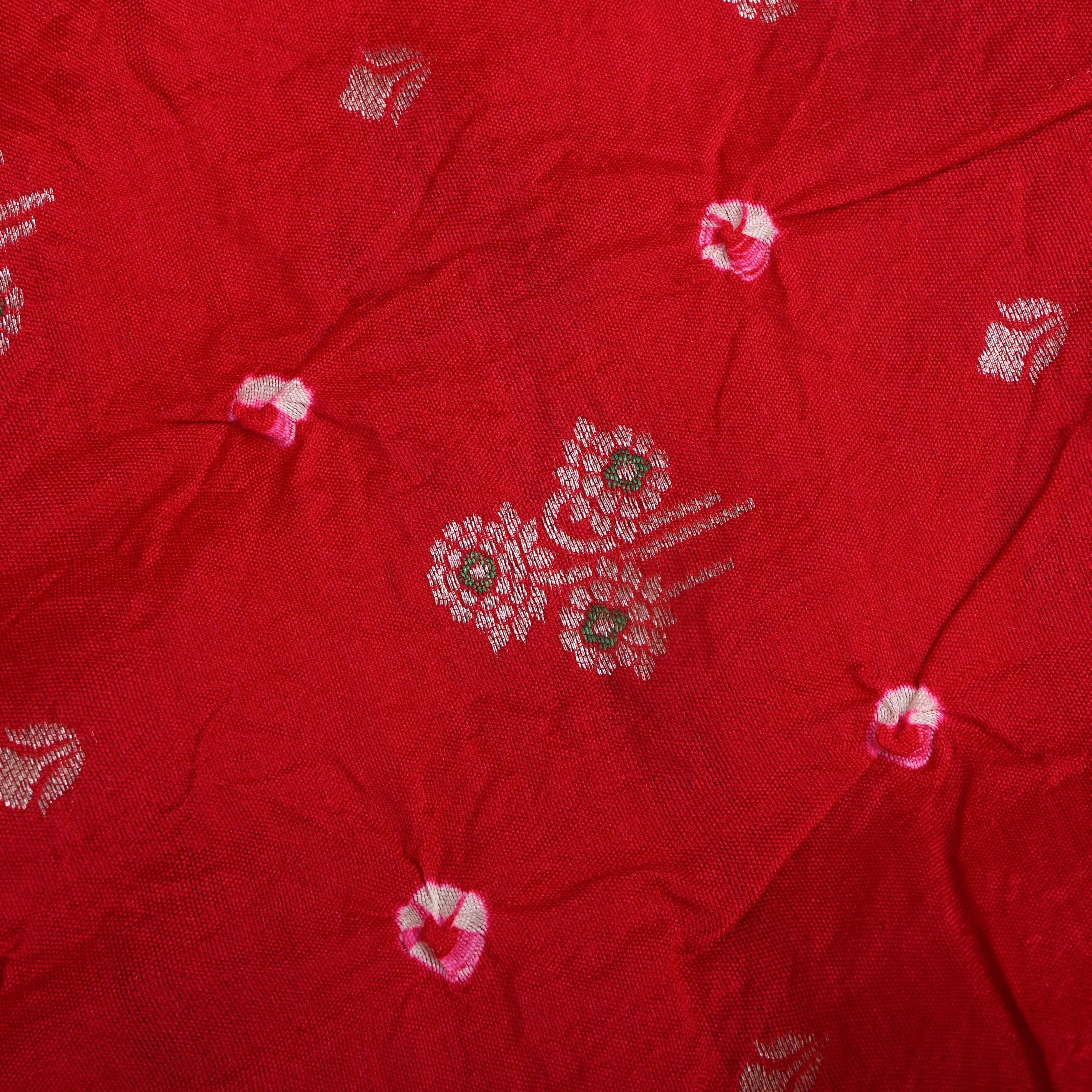 Bright Red Floral Bandhani Silk Fabric