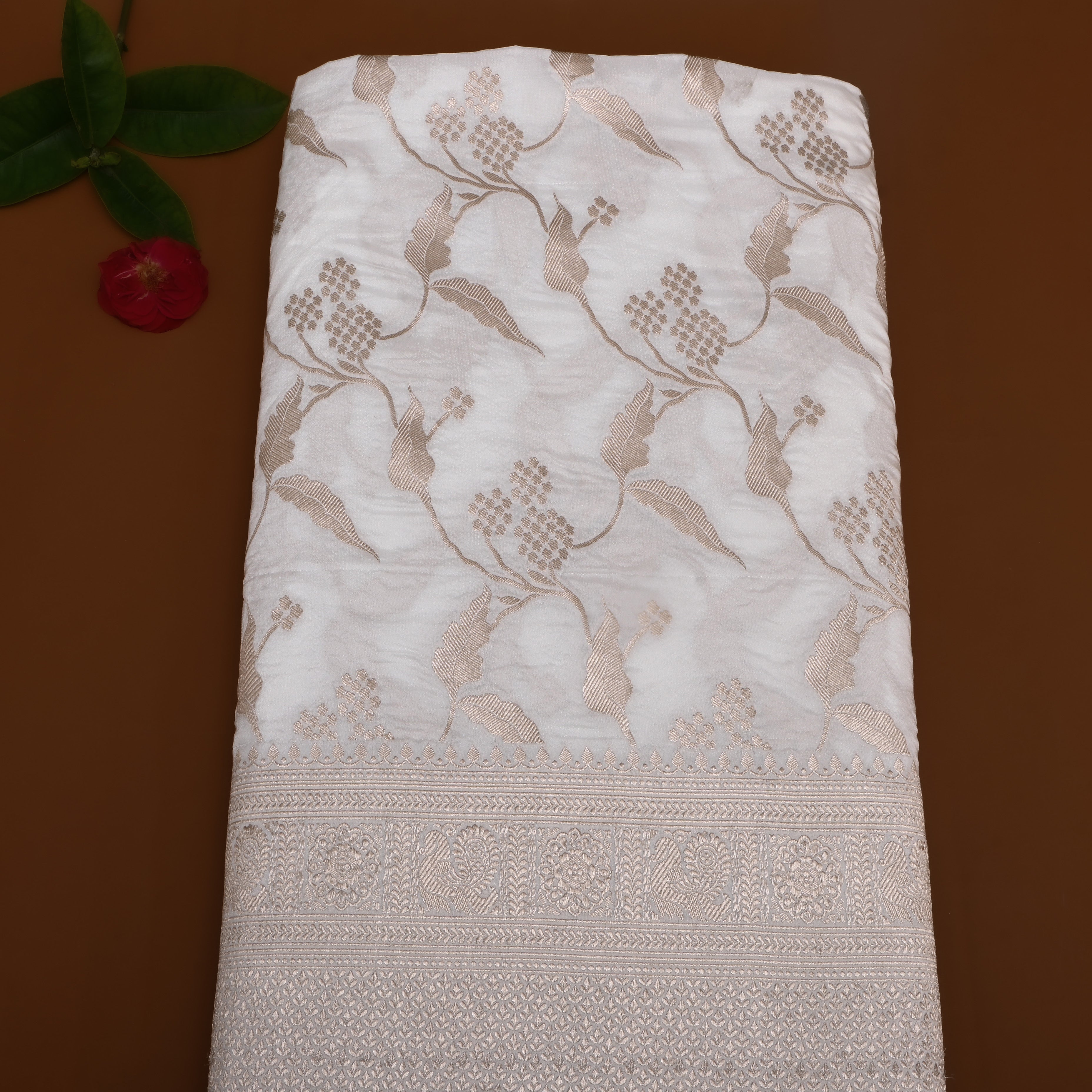 White Golden Zari Border Floral Silk Fabric