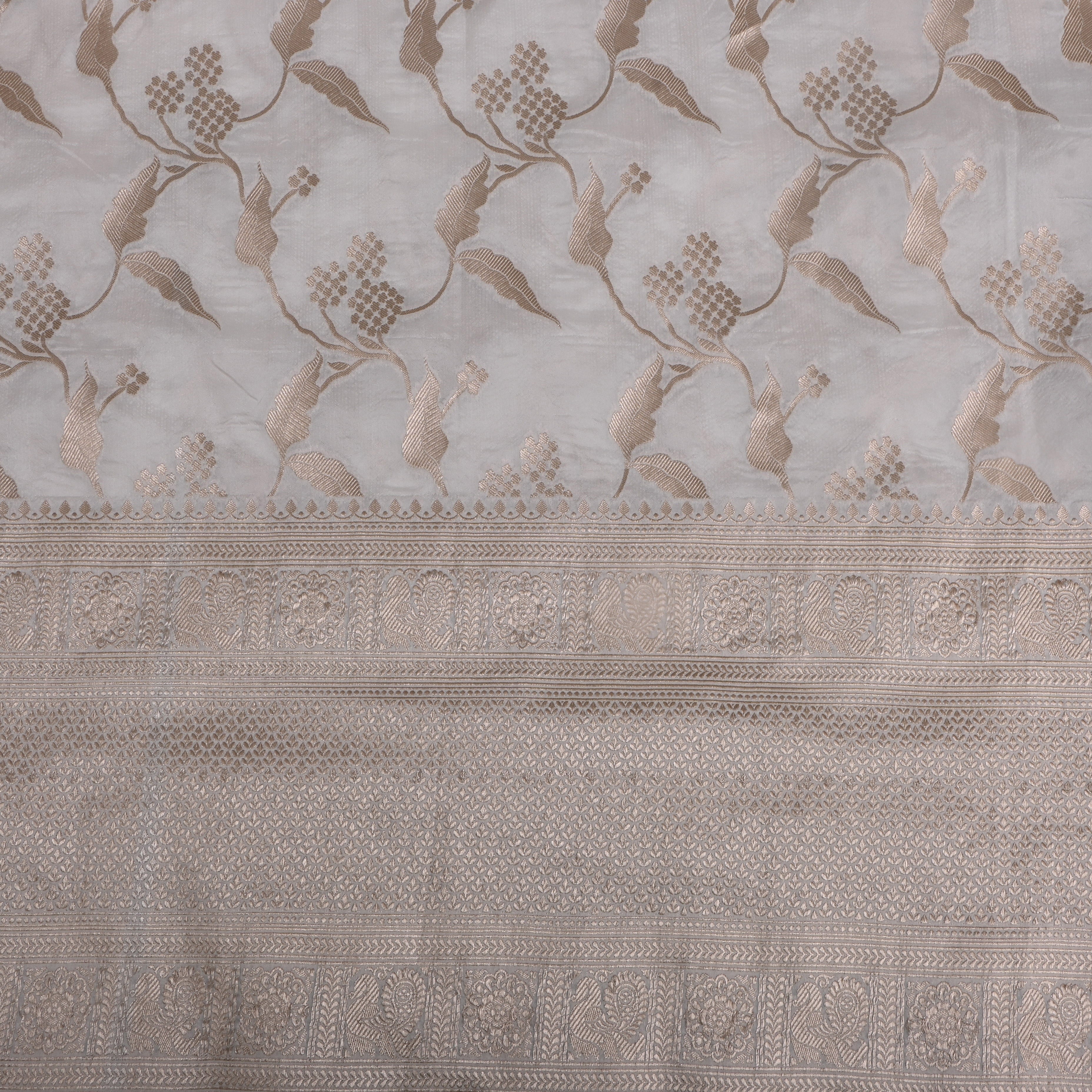 White Golden Zari Border Floral Silk Fabric