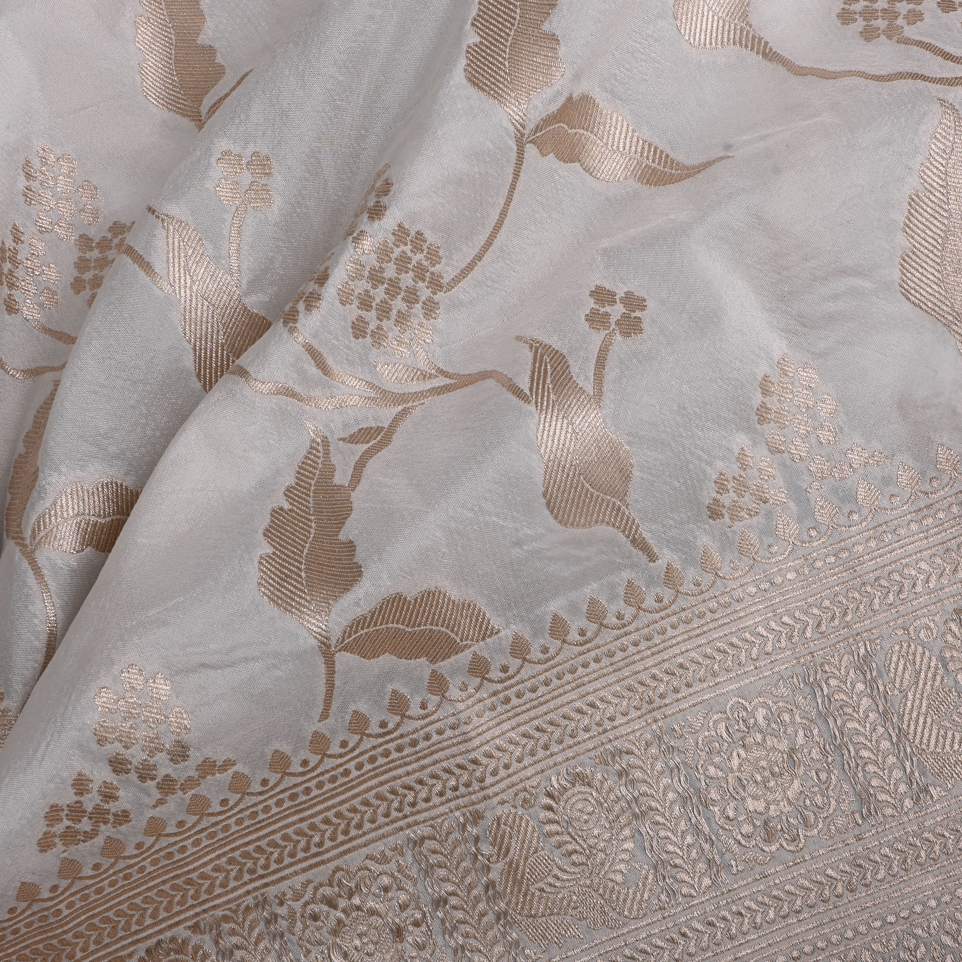 White Golden Zari Border Floral Silk Fabric