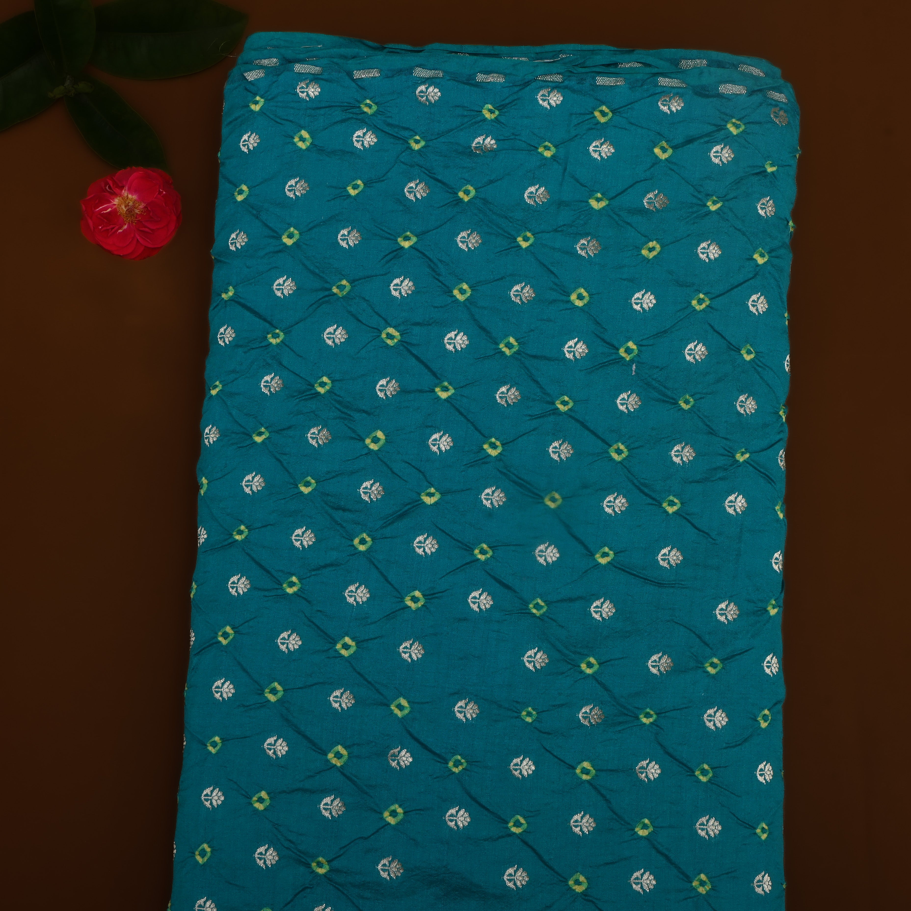 Sacramento Green Floral Bandhani Silk Fabric