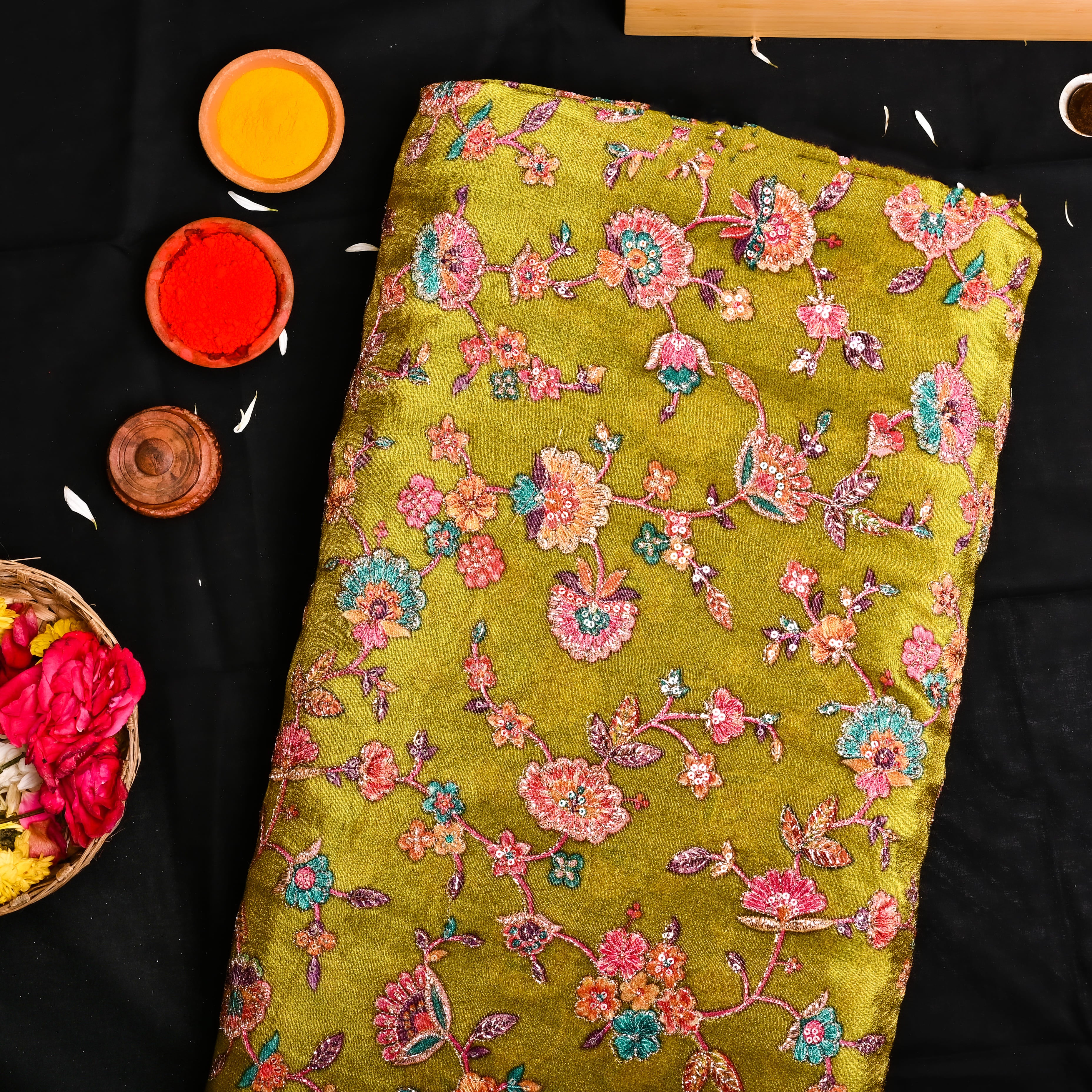 Saffron Yellow Tissue Fabric With Printed Embroidery