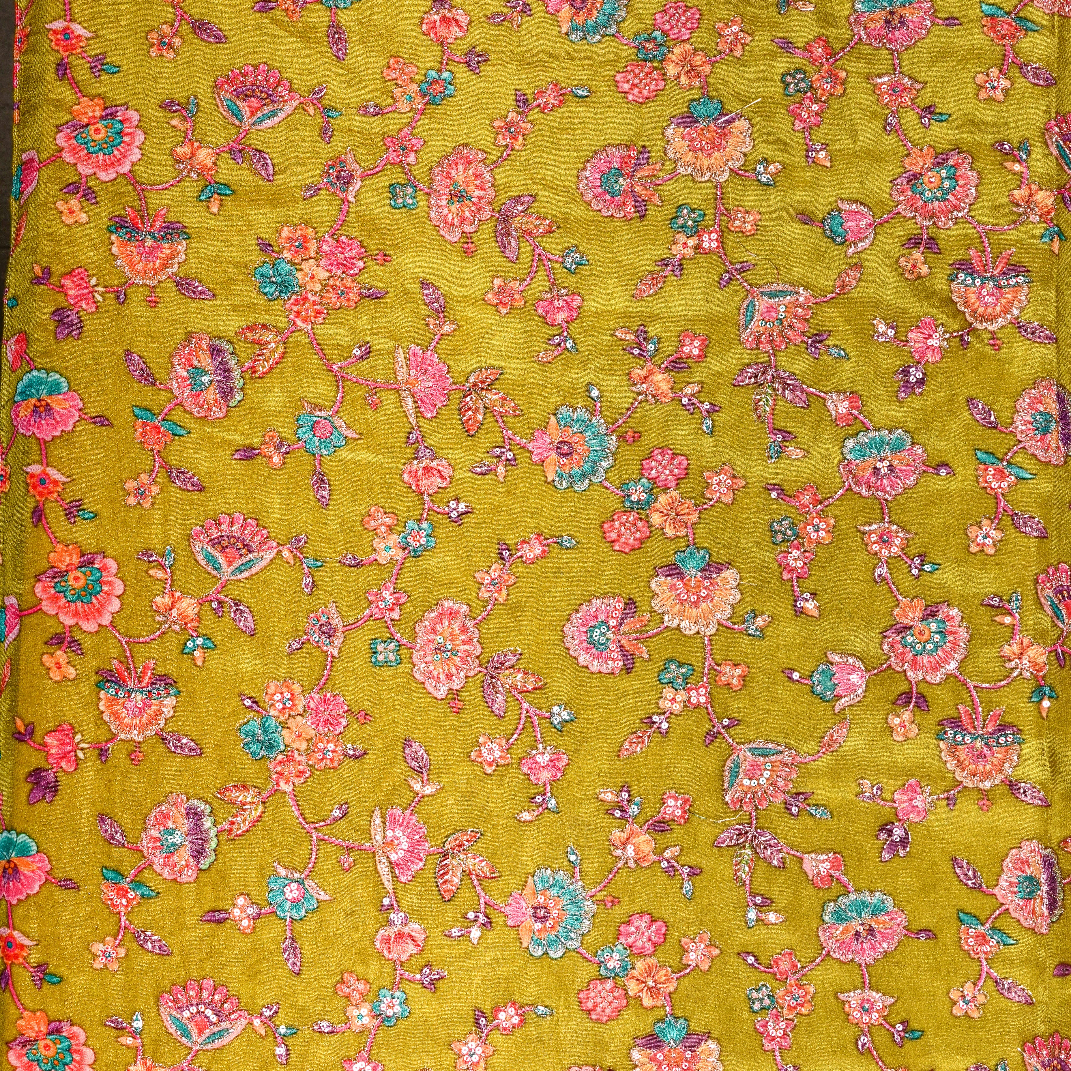 Saffron Yellow Tissue Fabric With Printed Embroidery