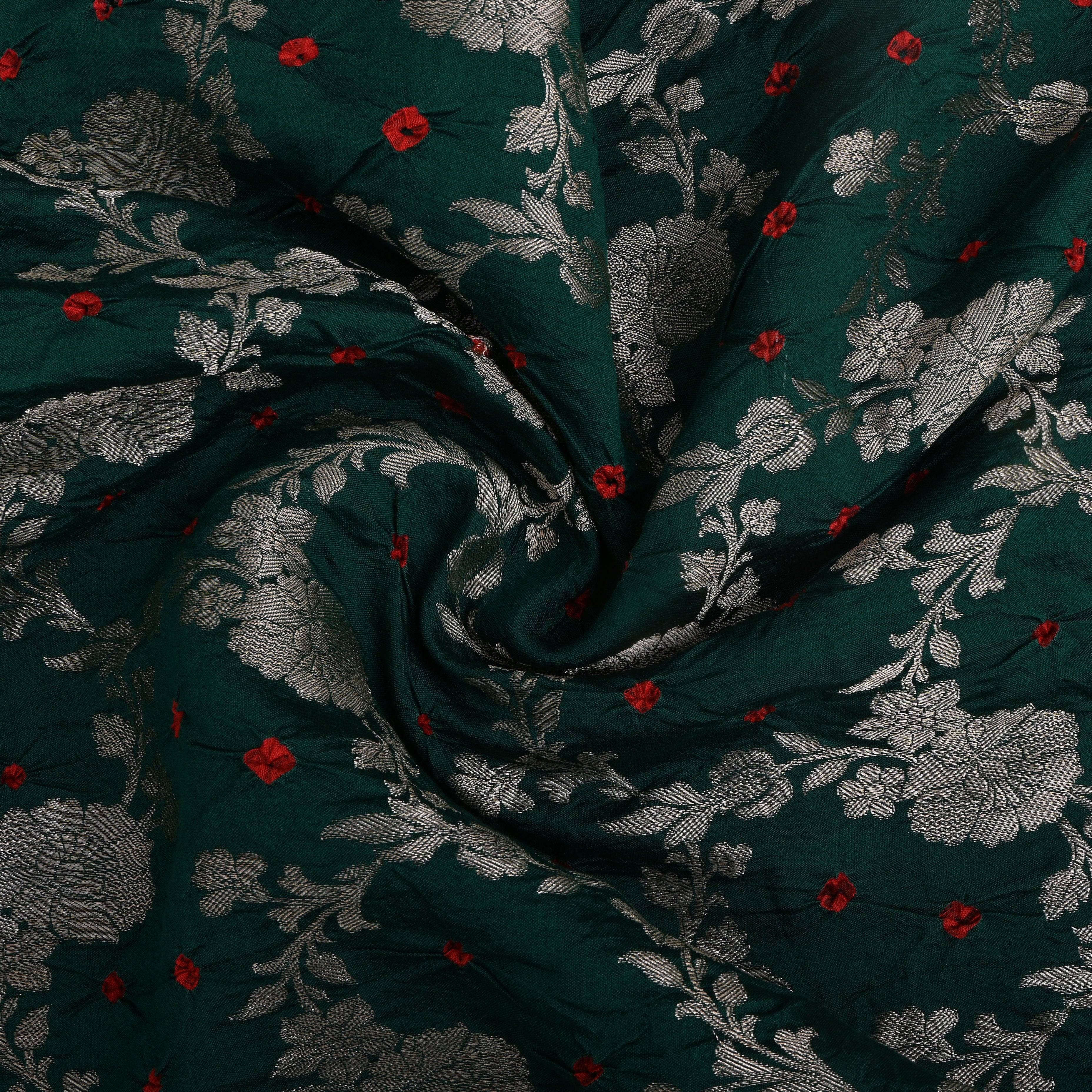 Bottle Green Floral And Bandhani Silk Fabric