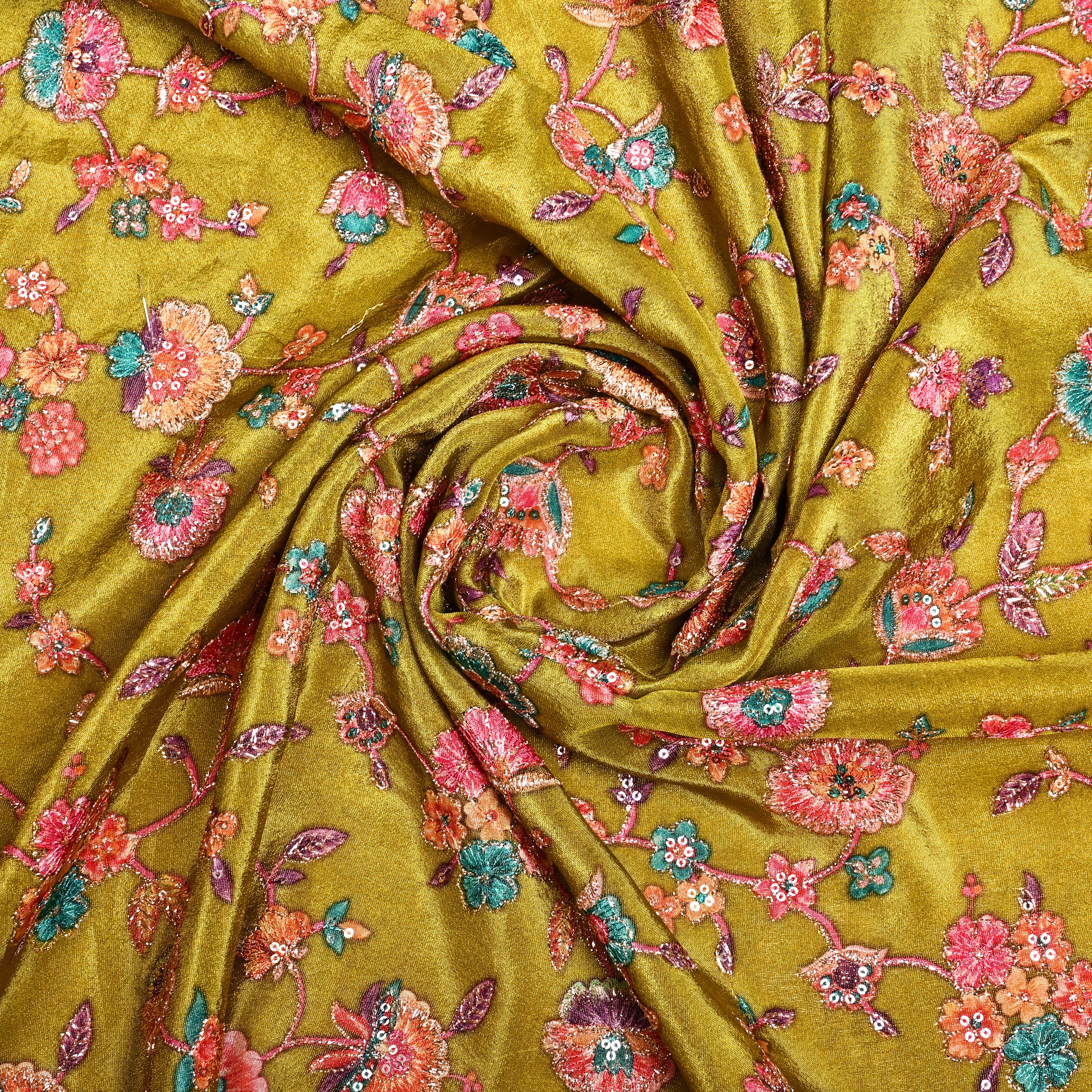 Saffron Yellow Tissue Fabric With Printed Embroidery