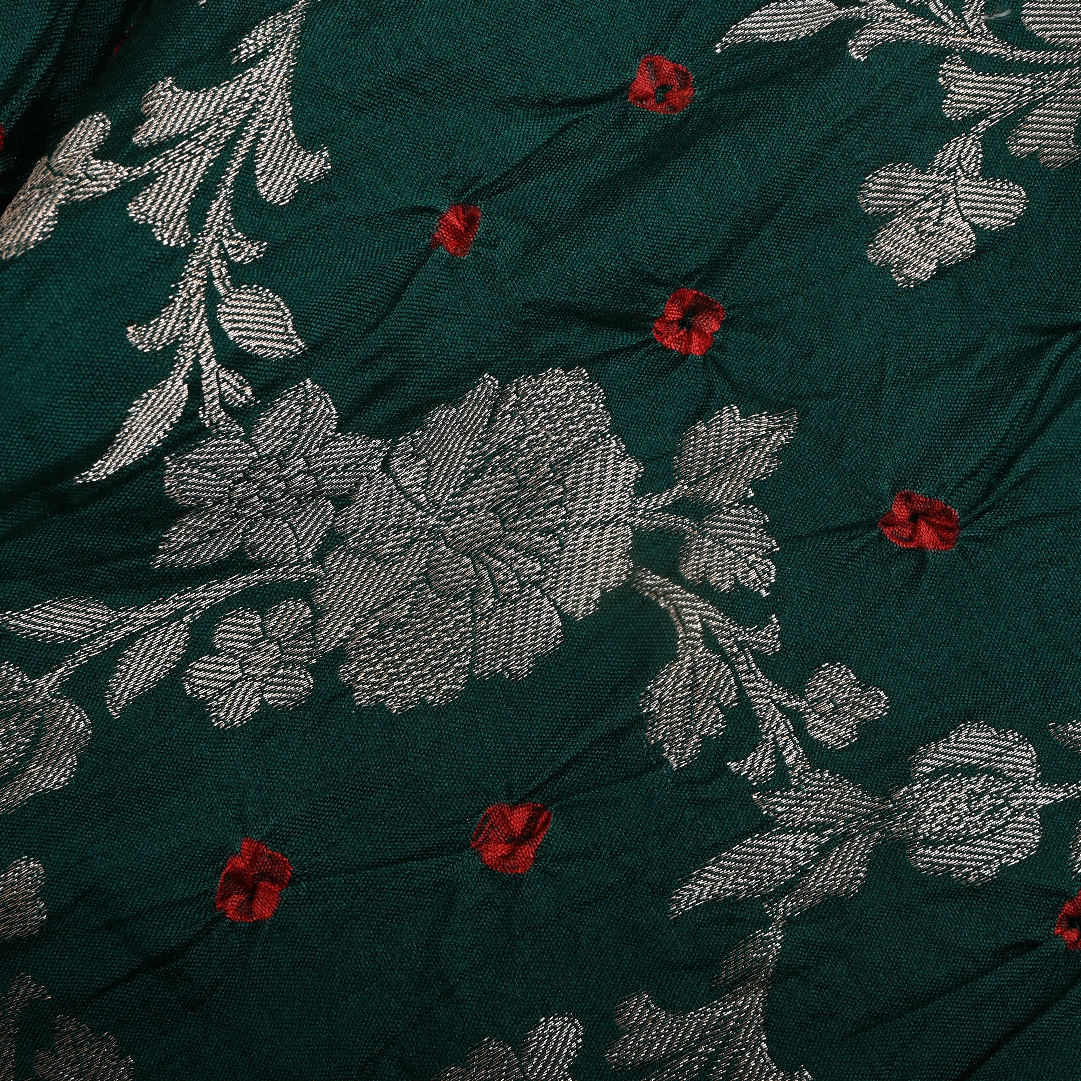 Bottle Green Floral And Bandhani Silk Fabric