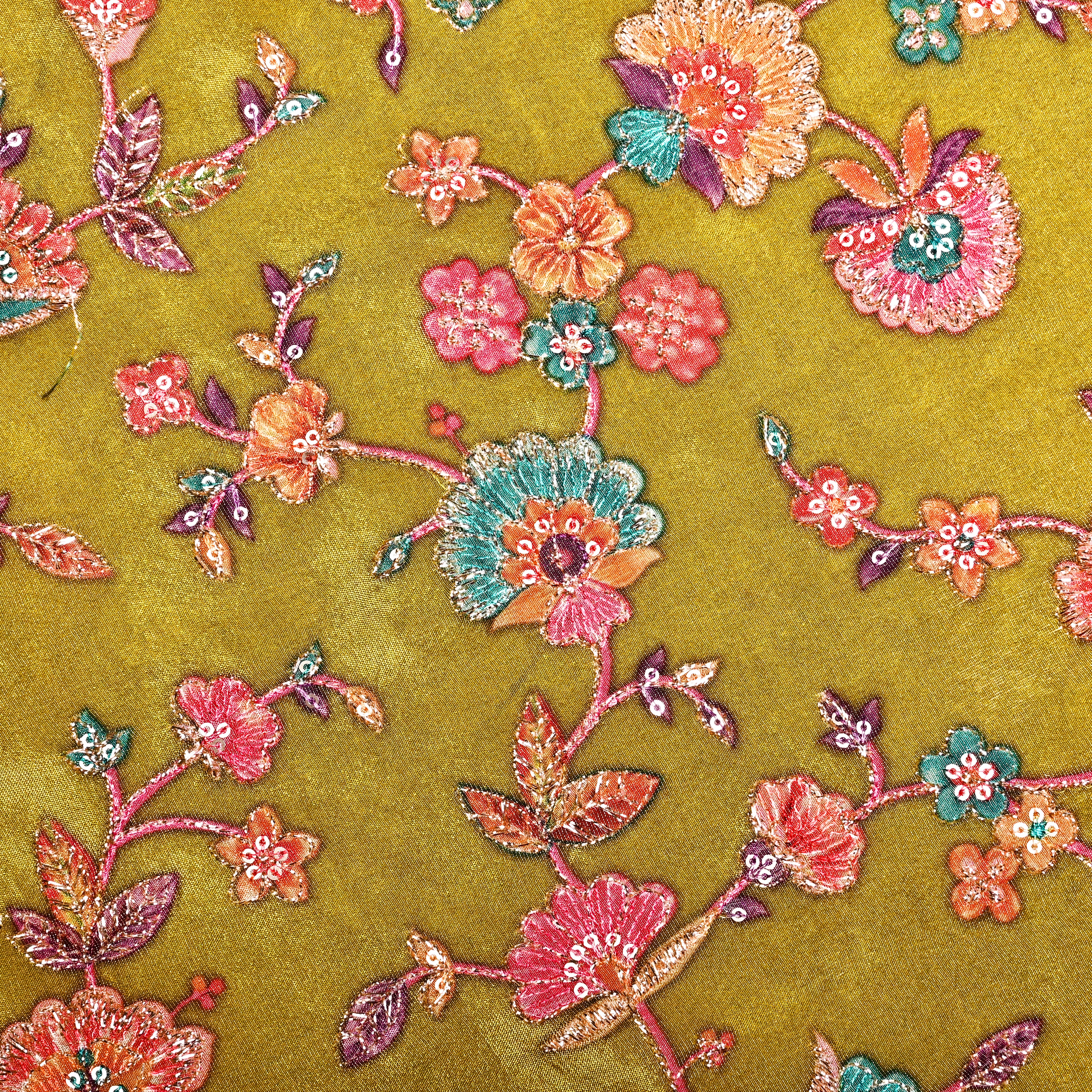 Saffron Yellow Tissue Fabric With Printed Embroidery