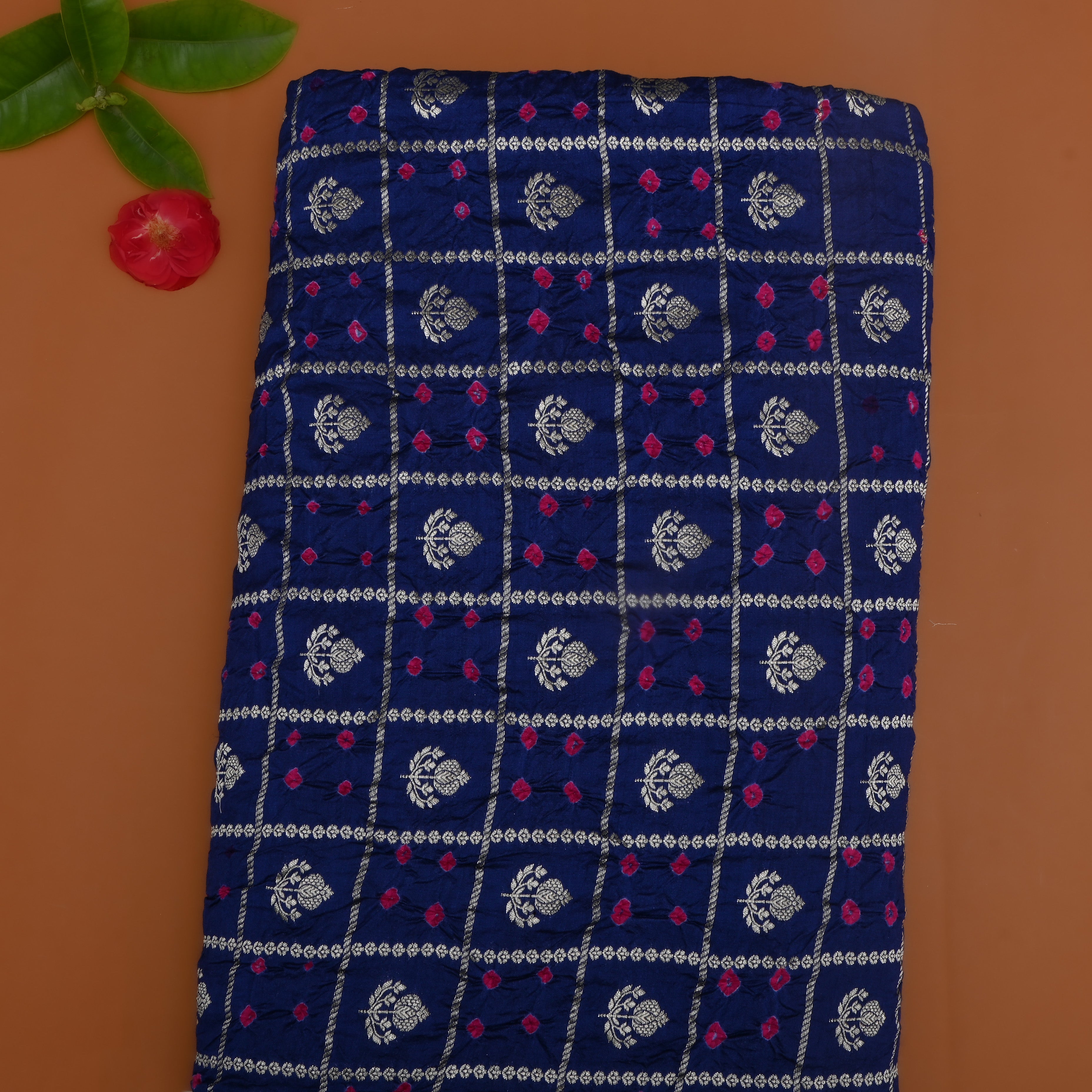 Navy Blue Floral Zari Silk Fabric