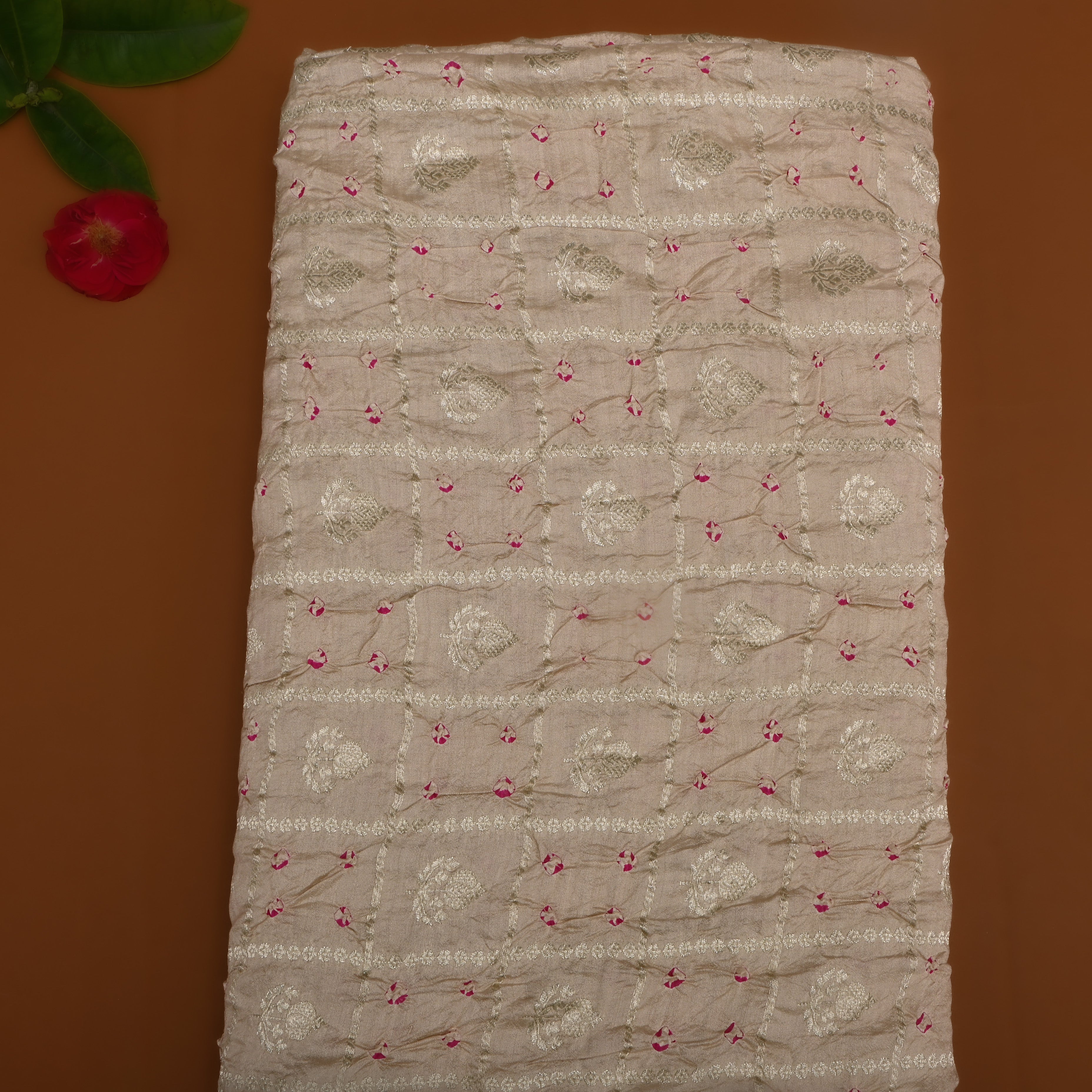 Pastel Beige Floral Zari Silk Fabric