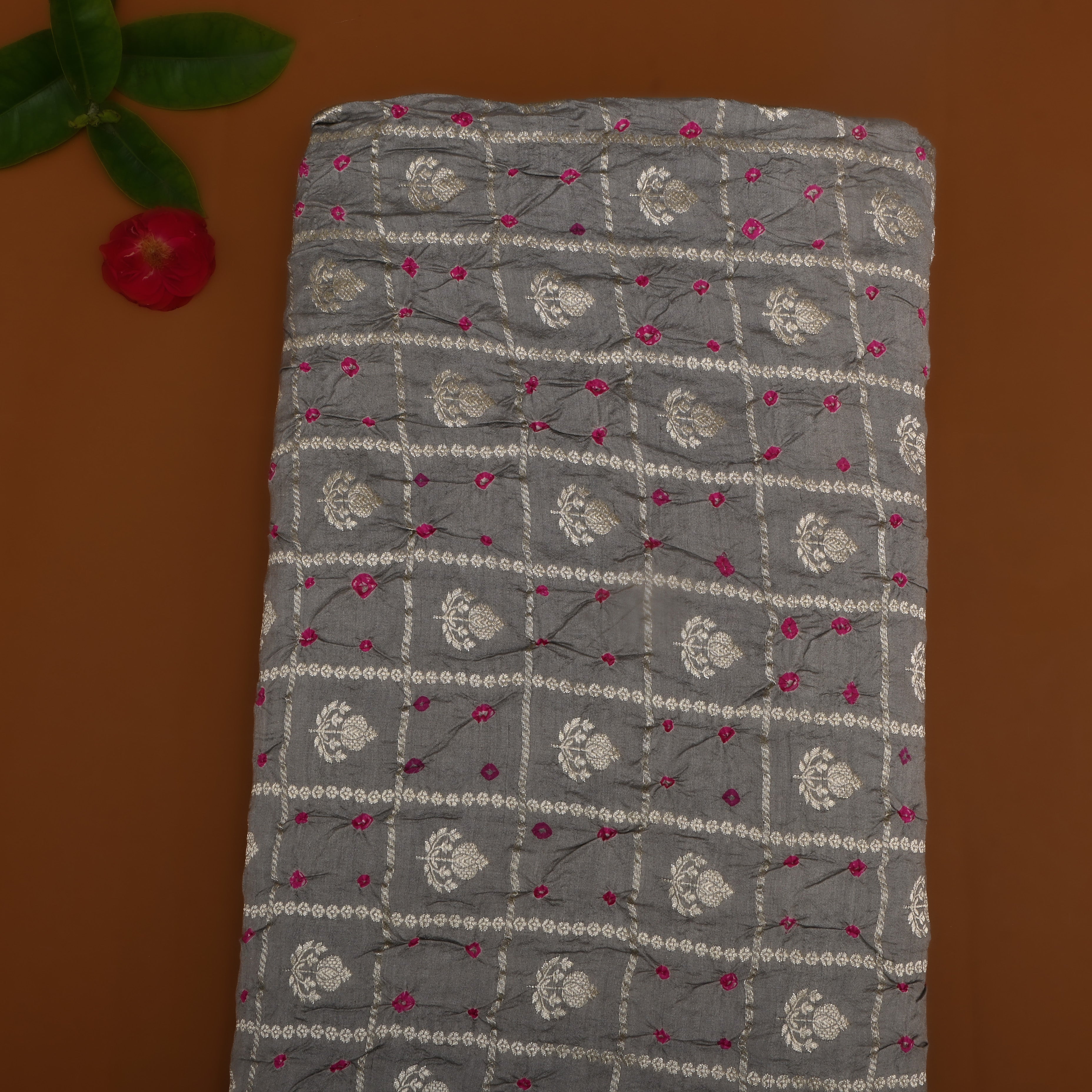 Dark Grey Floral Zari Silk Fabric