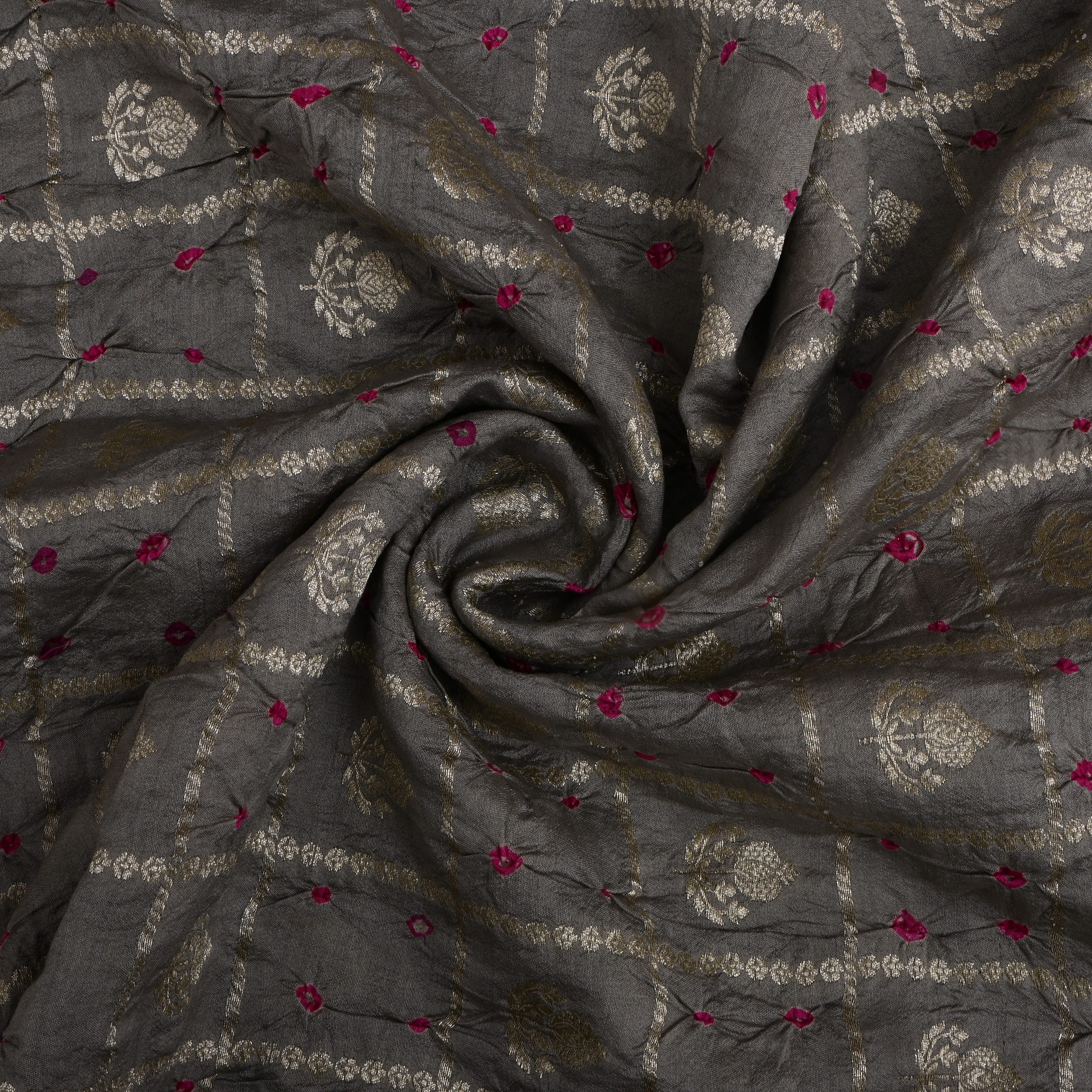 Dark Grey Floral Zari Silk Fabric