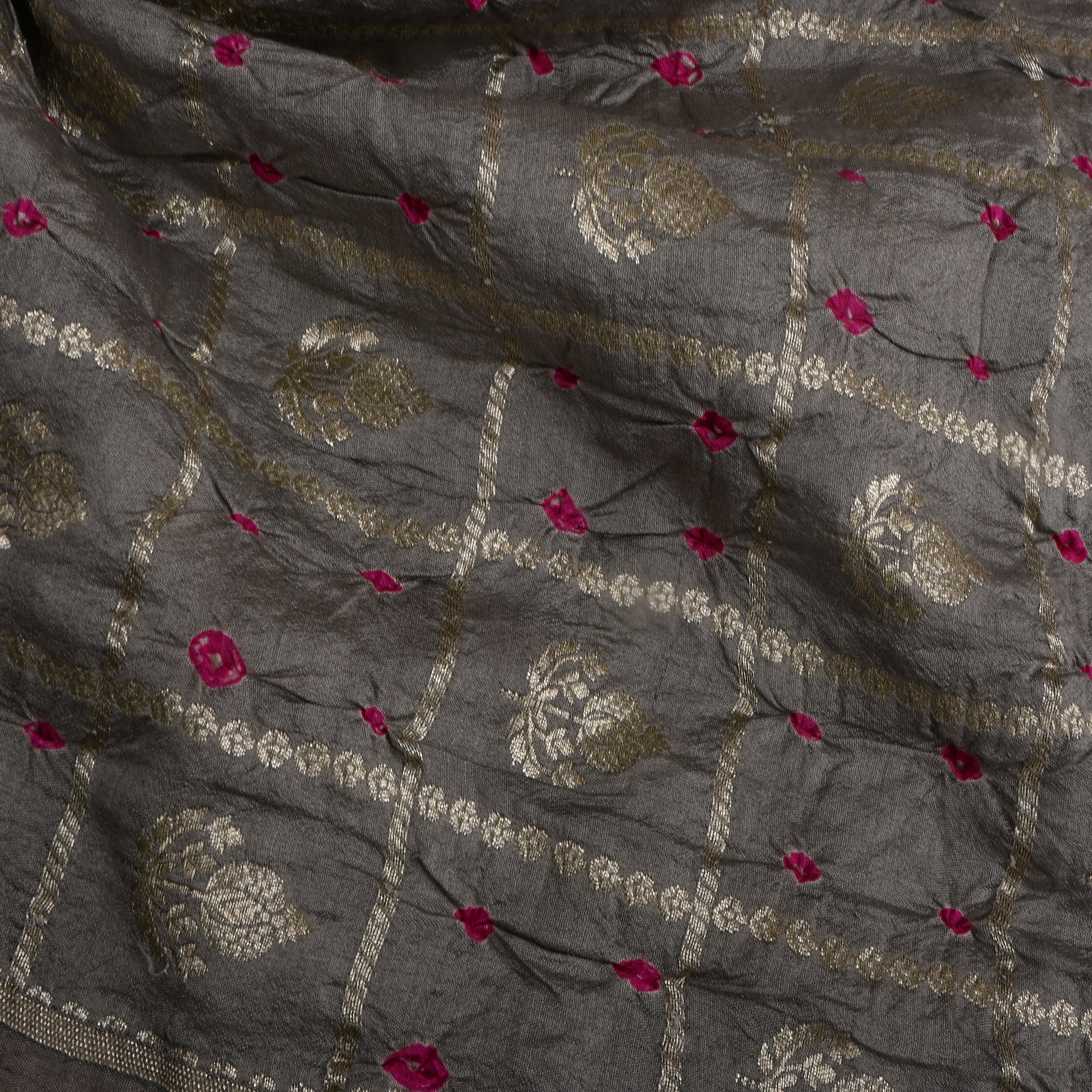 Dark Grey Floral Zari Silk Fabric