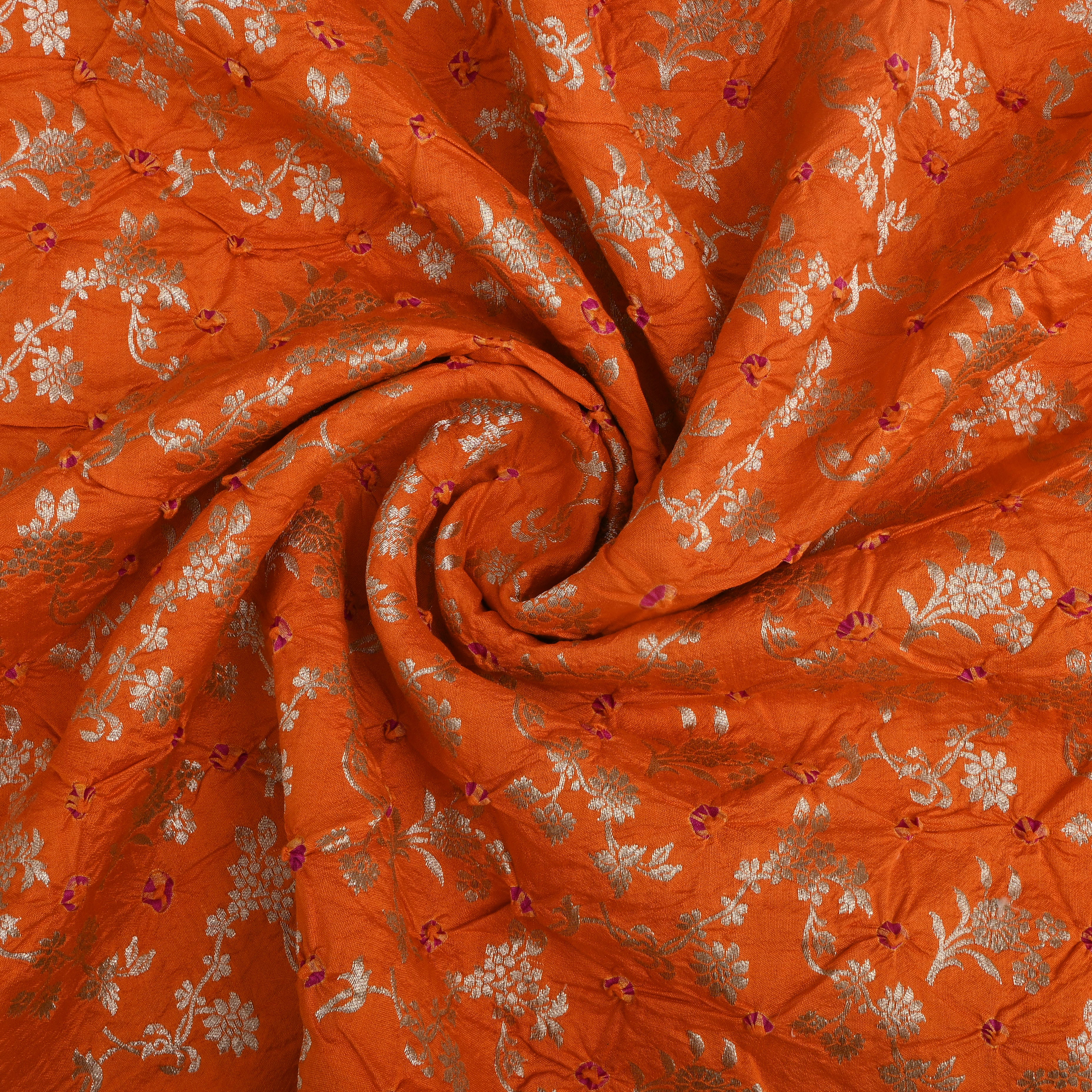 Orange Floral Zari Silk Fabric