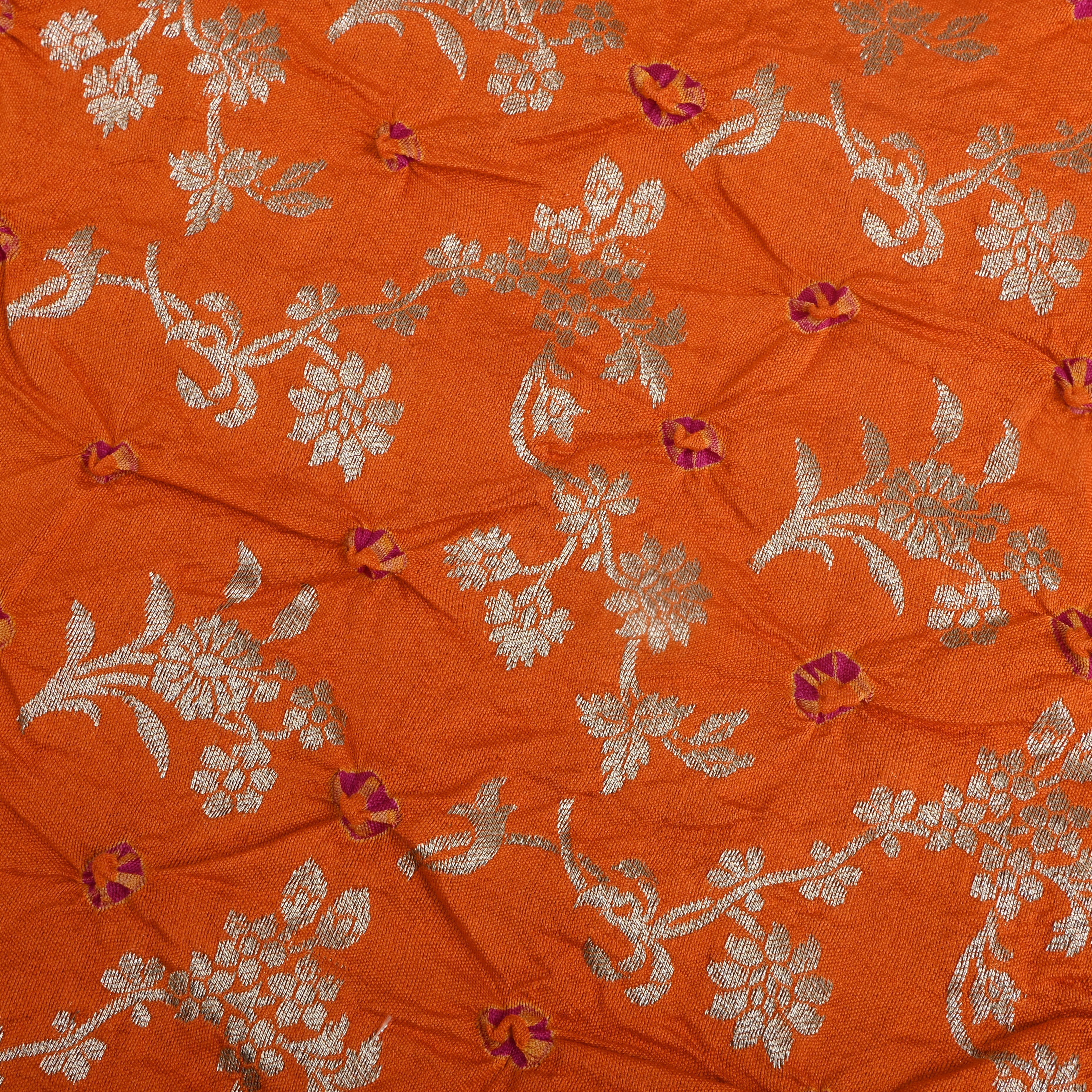 Orange Floral Zari Silk Fabric