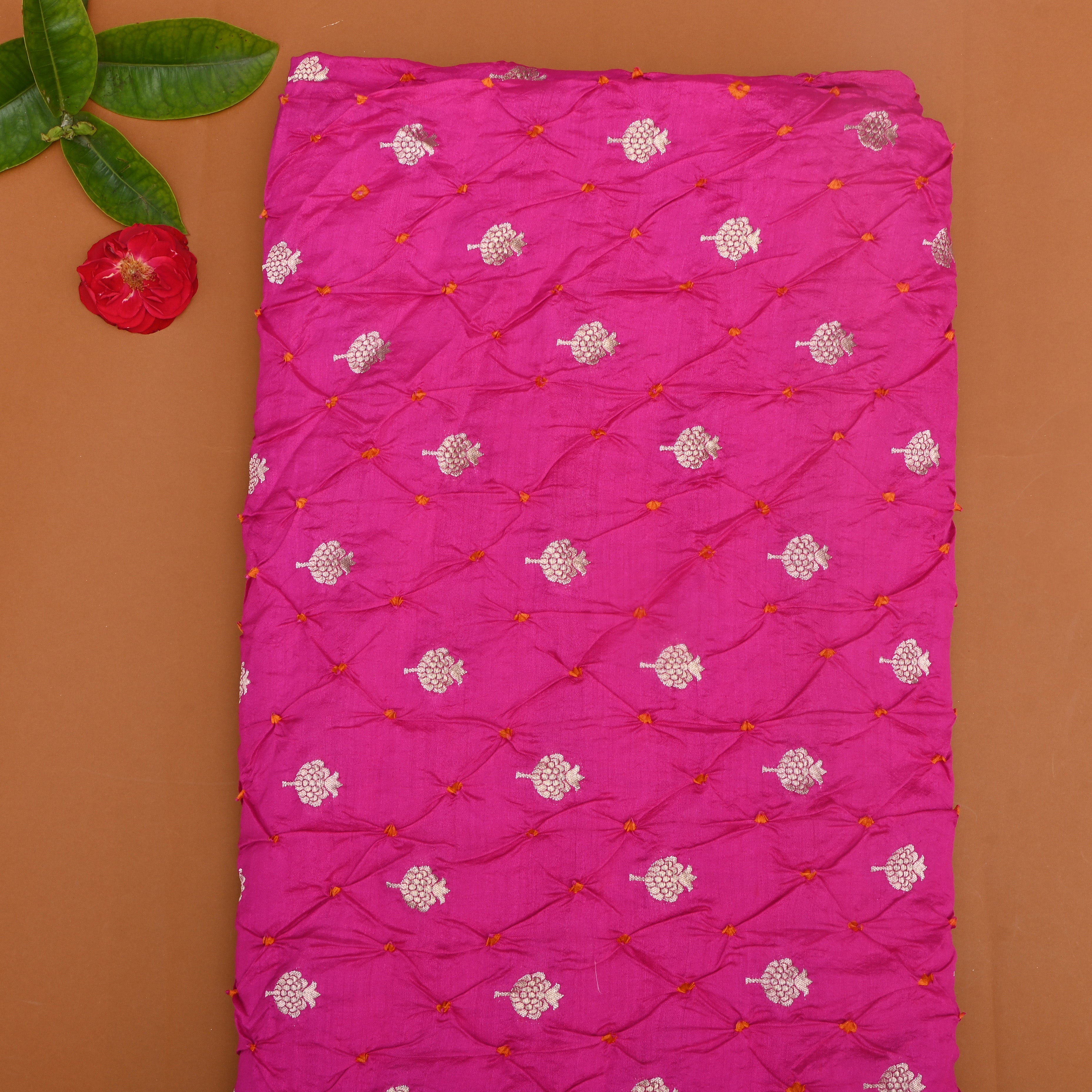 Hot Pink Floral Bandhani Silk Fabric