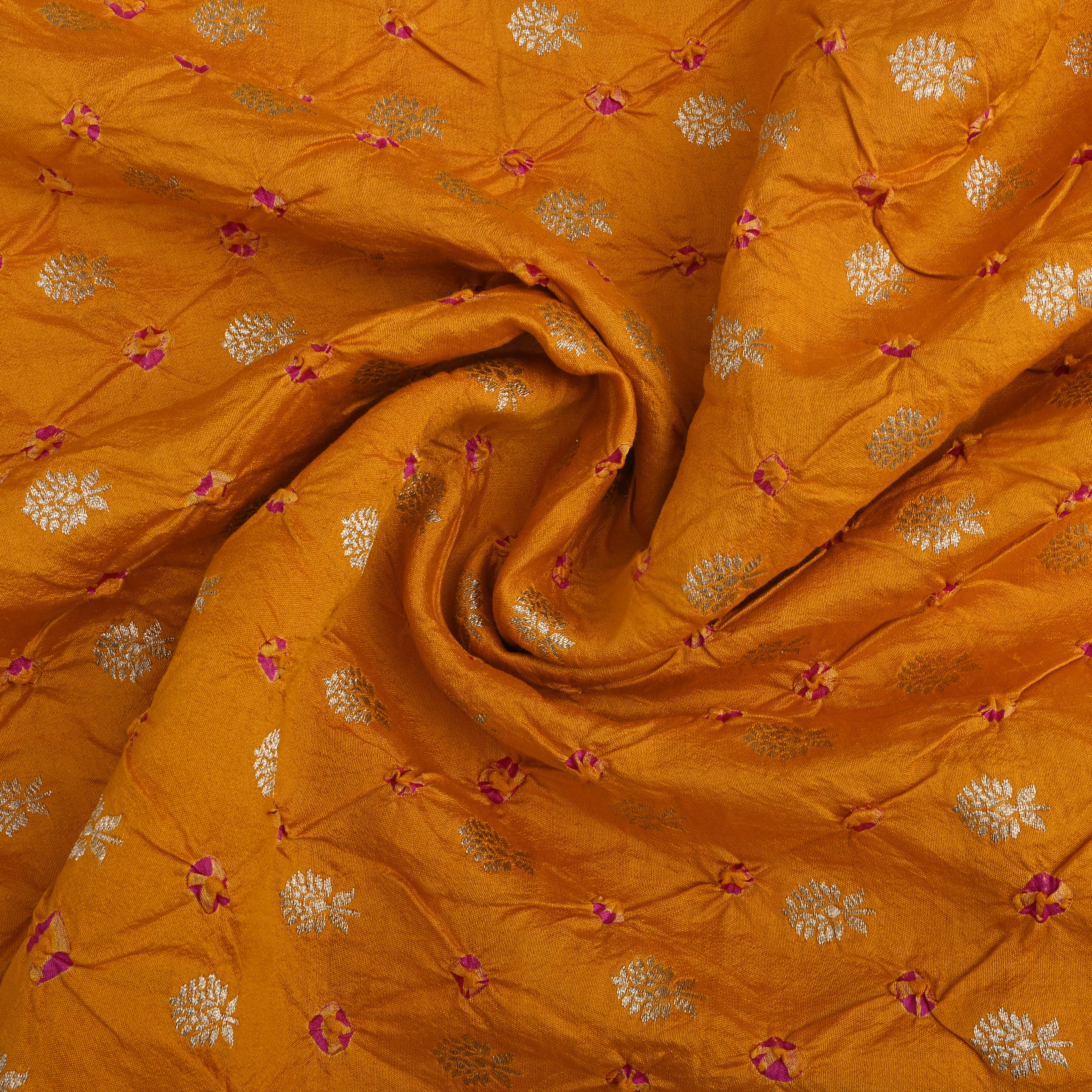 Mustard Yellow Floral Bandhani Silk Fabric