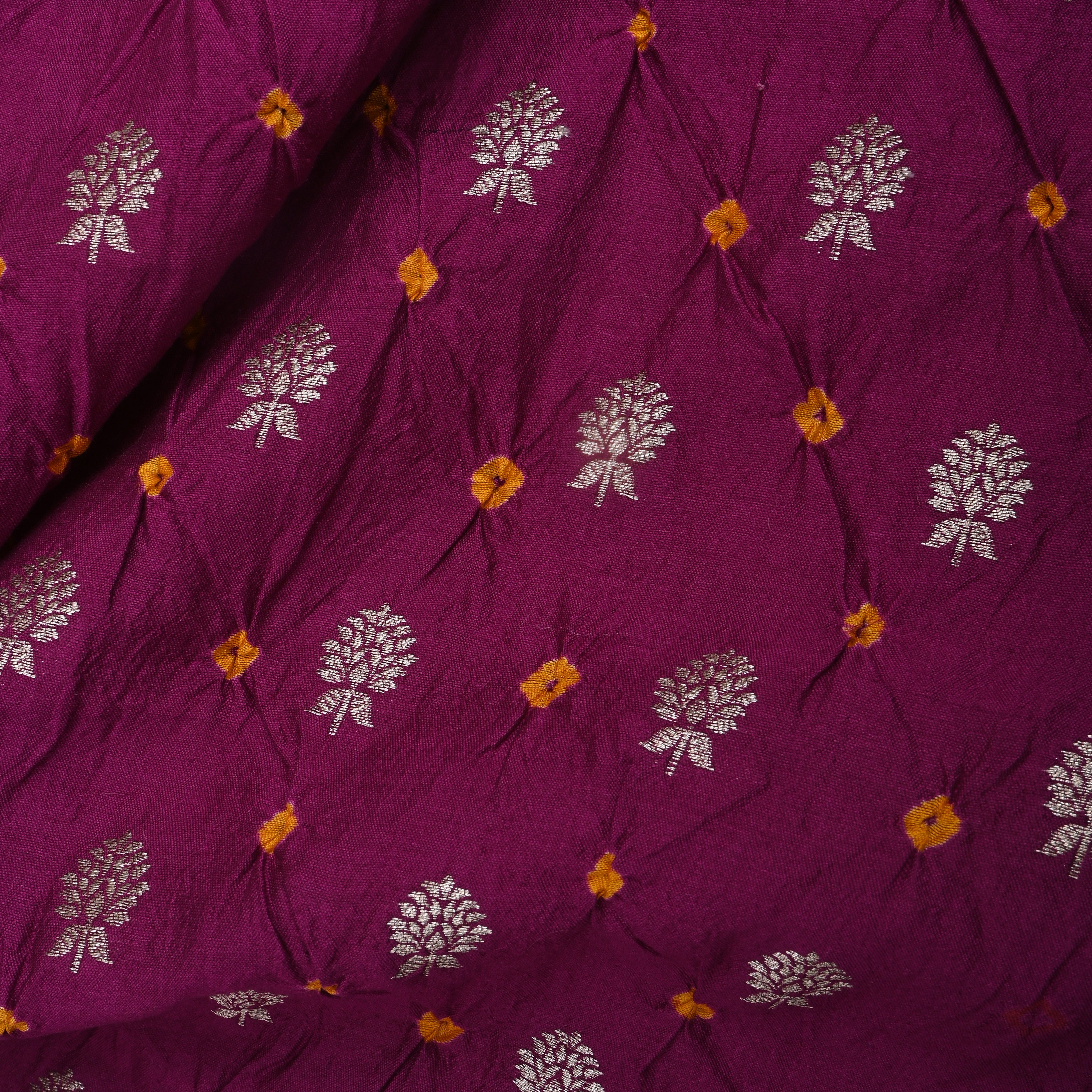 Magenta Purple Floral Bandhani Silk Fabric