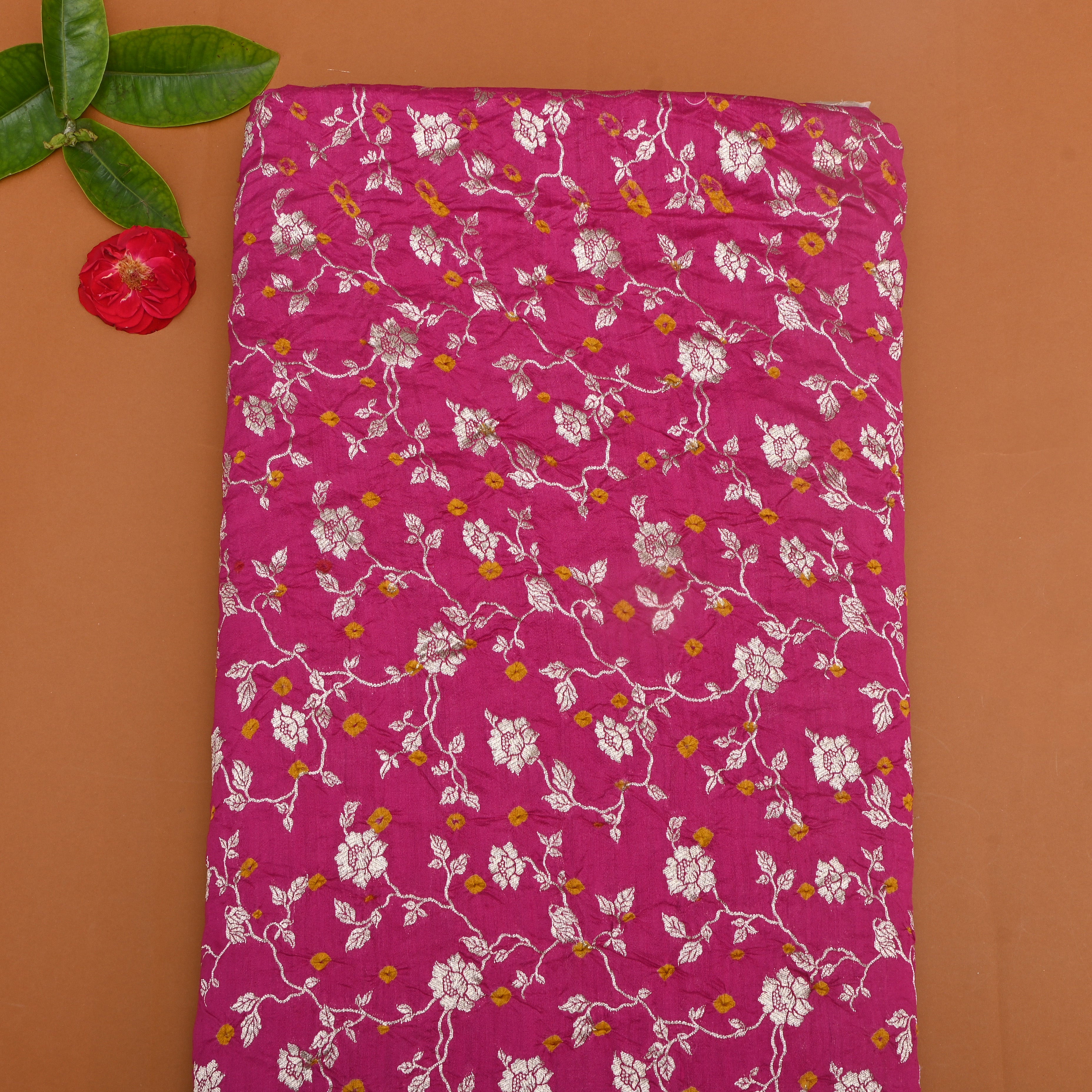 Hot Pink Floral Bandhani Silk Fabric