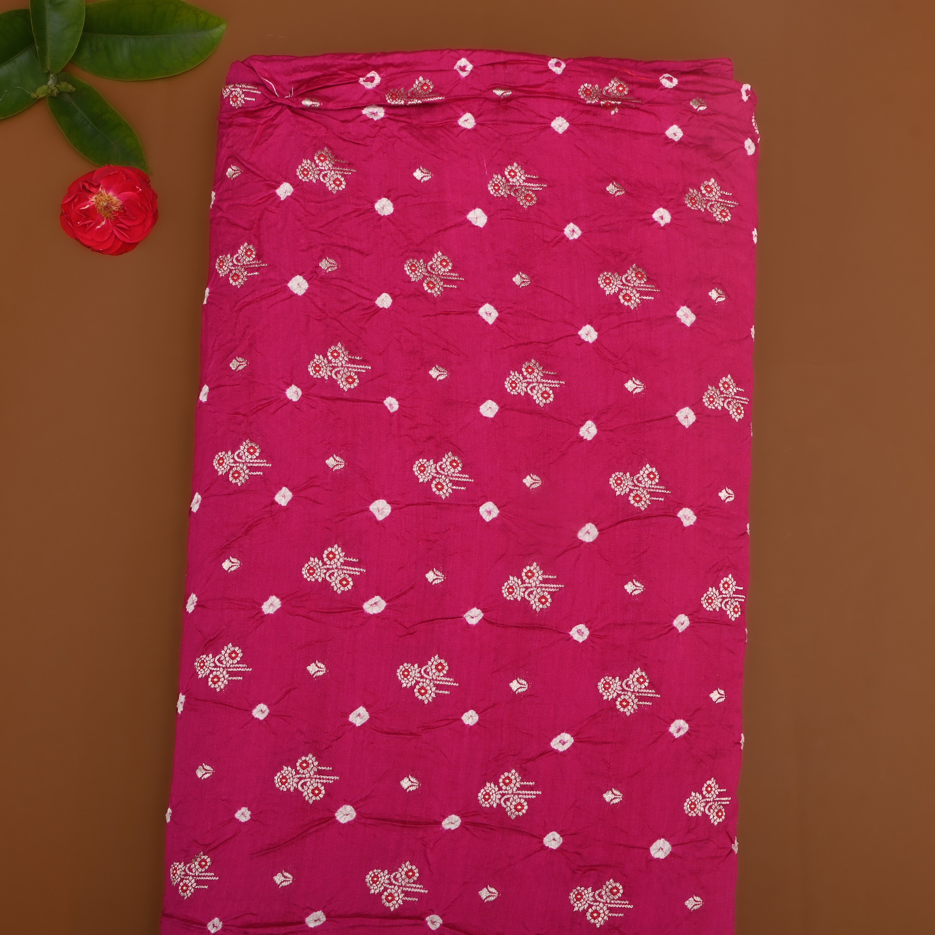 Deep Pink Floral Bandhani Silk Fabric