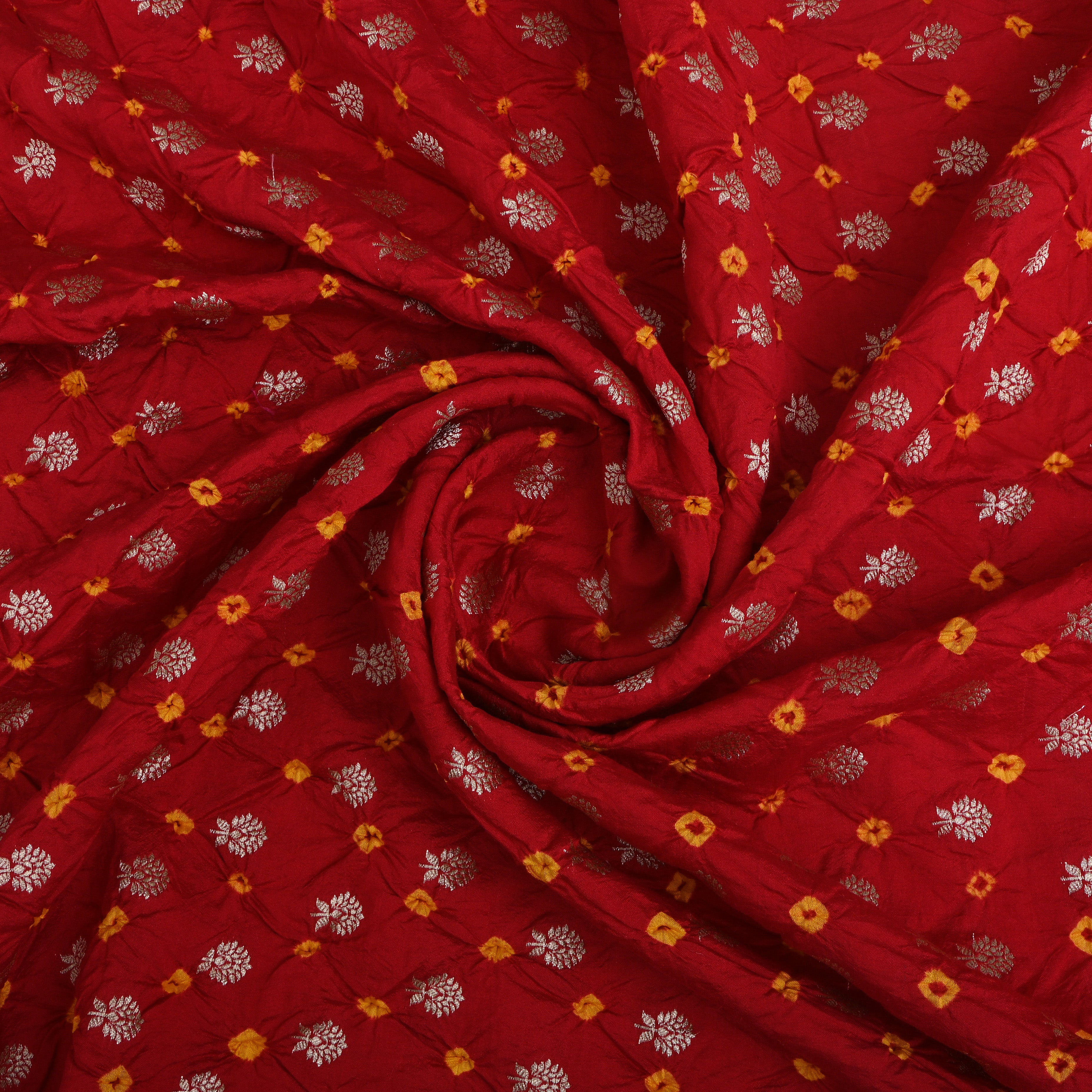 Crimson Red Floral Bandhani Silk Fabric