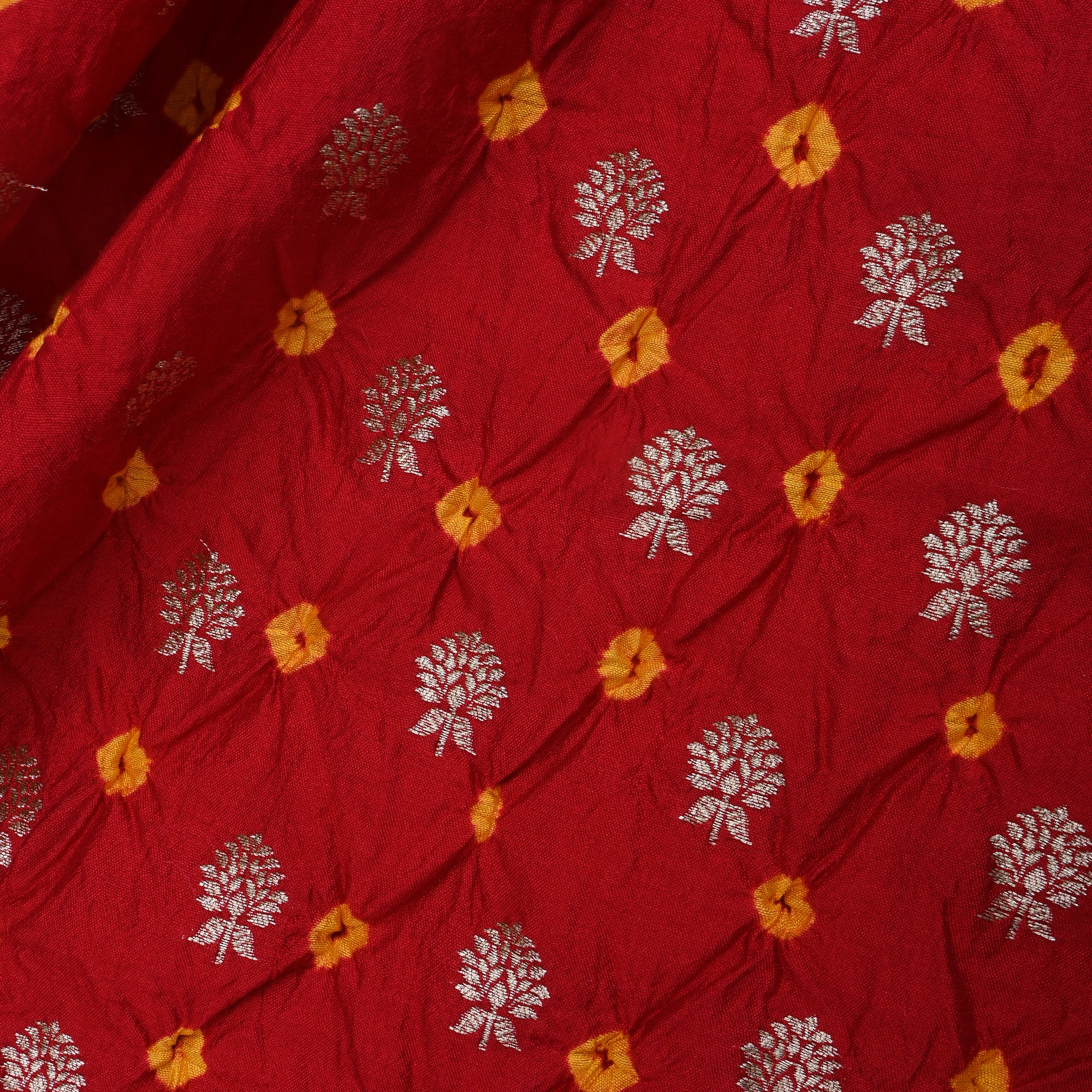 Crimson Red Floral Bandhani Silk Fabric