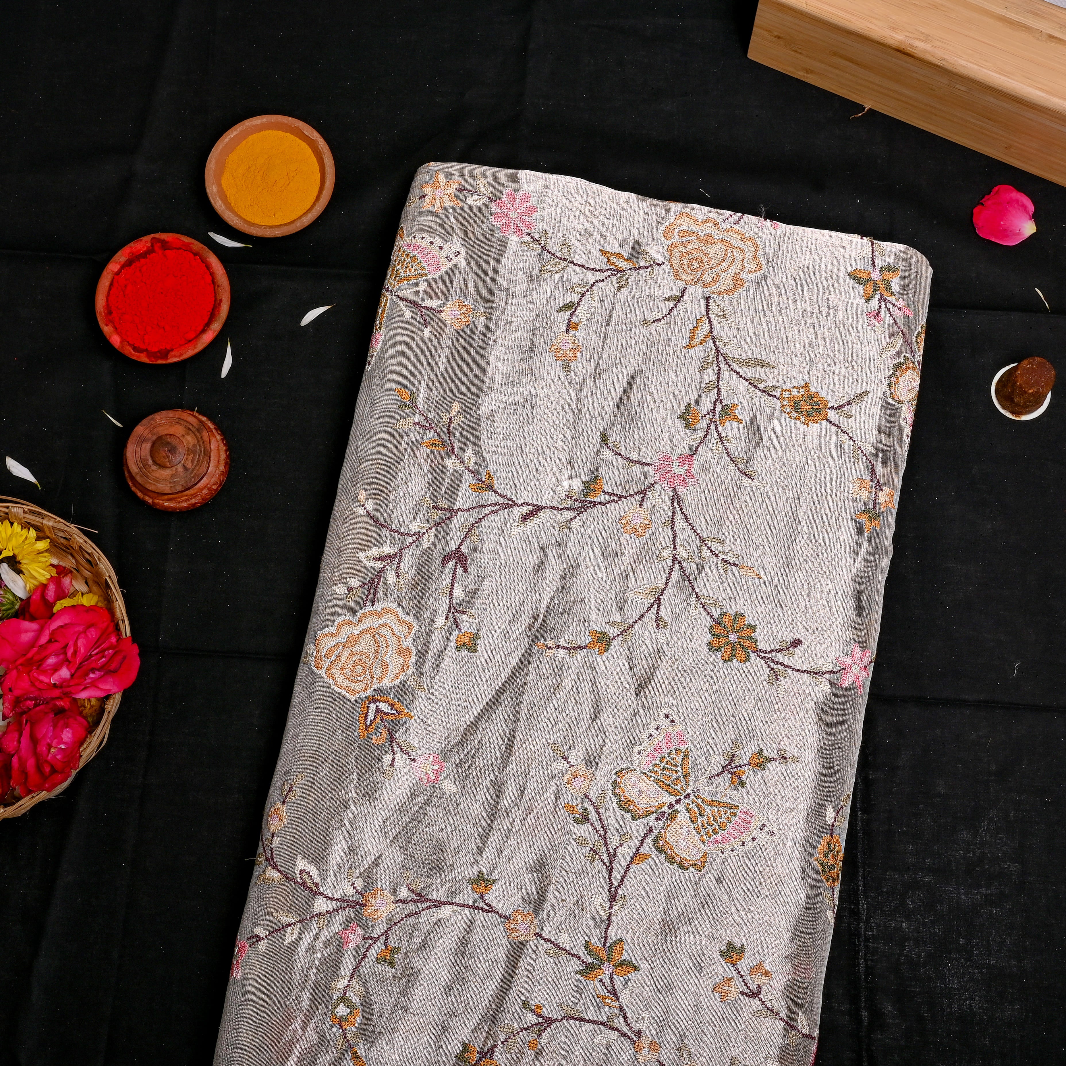 Silver Tissue Fabric With Butterfly Embroidery