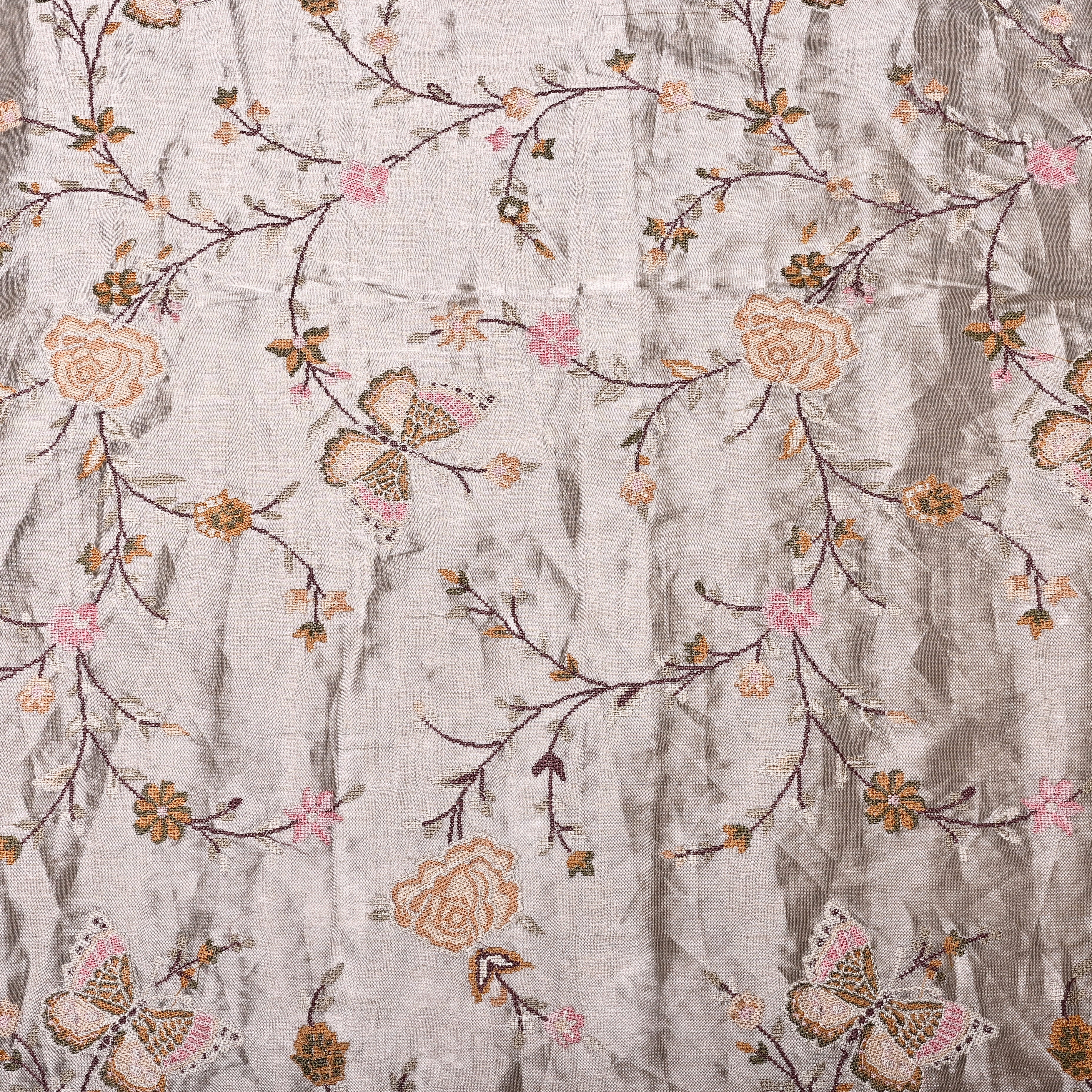 Silver Tissue Fabric With Butterfly Embroidery